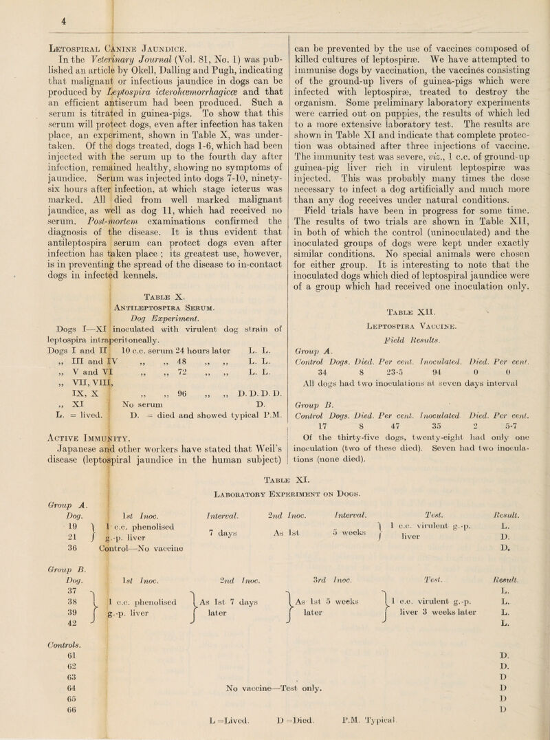 Letospiral Canine Jaundice. In the Veterinary Journal (Vol. 81, No. 1) was pub¬ lished an article by Okell, Bailing and Pugh, indicating that malignant or infectious jaundice in dogs can be produced by Leptospira icierohaimorrhagicce and that an efficient antiserum had been produced. Such a serum is titrated in guinea-pigs. To show that this serum will protect dogs, even after infection has taken place, an experiment, shown in Table X, was under¬ taken. Of the dogs treated, dogs 1-6, which had been injected with the serum up to the fourth day after infection, remained healthy, showing no symptoms of jaundice. Serum was injected into dogs 7-10, ninety- six hours after infection, at which stage icterus was marked. All died from well marked malignant jaundice, as well as dog 11, which had received no serum. Post-mortem examinations confirmed the diagnosis of the disease. It is thus evident that antileptospira serum can protect dogs even after infection has taken place ; its greatest use, however, is in preventing the spread of the disease to in-contact dogs in infected kennels. Table X. Antileptospira Serum. Dog Experiment. Dogs I—XI inoculated with virulent dog strain of leptospira intraperit oneall y. Dogs I and II 10 c.c. serum 24 hours later L. L. 5 5 III and IV ? y „ 48 yy yy L. L. y y V and VI 5 y „ 72 yy yy L. L. y y VII, VIII, IX, X y y ,, 96 yy yy D. D.D. D y y XI No serum D. L. = lived. D. •— died and showed typical P.M Active Immunity. Japanese and other workers have stated that Weil’s disease (leptospiral jaundice in the human subject) can be prevented by the use of vaccines composed of killed cultures of leptospirie. We have attempted to immunise dogs by vaccination, the vaccines consisting of the ground-up livers of guinea-pigs which were infected with leptospira?, treated to destroy the organism. Some preliminary laboratory experiments were carried out on puppies, the results of which led to a more extensive laboratory test. The results are shown in Table XI and indicate that complete protec¬ tion was obtained after three injections of vaccine. The immunity test was severe, viz., 1 c.c. of ground-up guinea-pig liver rich in virulent leptospirte was injected. This was probably many times the dose necessary to infect a dog artificially and much more than any dog receives under natural conditions. Field trials have been in progress for some time. The results of two trials are shown in Table XII, in both of which the control (uninoculated) and the inoculated groups of dogs were kept under exactly similar conditions. No special animals were chosen for either group. It is interesting to note that the inoculated dogs which died of leptospiral jaundice were of a group which had received one inoculation only. Table XII. Leptospira Vaccine. Field Results. Group A. Control Dogs. Died. Per cent, inoculated. Died. Per cent. 34 8 23-5 94 0 0 All dogs had two inoculations at seven davs interval o *j Group B. Control Dogs. Died. Per cent, inoculated. Died. Per cent. 17 8 47 35 2 5-7 Of the thirty-five dogs, twenty-eight had only one inoculation (two of these died). Seven had two inocula¬ tions (none died). Group A. Dog. 1st Inoc. 19 ^ 1 c.c. phenolised 21 / g.-p. liver 36 Control—No vaccine Table XI. Laboratory Experiment on Dogs. interval. 2nd Inoc. 7 days As 1st Interval. 5 weeks Test. ) 1 c.c. virulent g.-p. J liver Result. L. D. D. Group B. Dog. 37 38 39 42 1st Inoc. 2nd Inoc. 1 c.c. phenolised g.-p. liver 1 As 1st 7 days later 3rd Inoc. As 1st 5 weeks later Test. \ 1 c.c. virulent g.-p. liver 3 weeks later Result. L. L. L. L. Controls. 61 D. 62 I). 63 D 64 No vaccine—Test only. D 65 I) 66 D