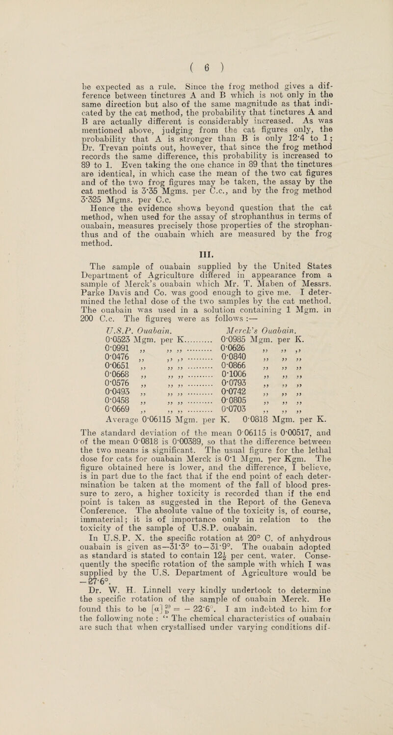 be expected as a rule. Since the frog method gives a dif¬ ference between tinctures A and B which is not only in the same direction but also of the same magnitude as that indi¬ cated by the cat method, the probability that tinctures A and B are actually different is considerably increased. As was mentioned above, judging from the cat figures only, the probability that A is stronger than B is only 12*4 to 1 ; Dr. Trevan points out, however, that since the frog method records the same difference, this probability is increased to 89 to 1. Even taking the one chance in 89 that the tinctures are identical, in which case the mean of the two cat figures and of the two frog figures may be taken, the assay by the cat method is 3*35 Mgms. per C.c., and by the frog method 3*325 Mgms. per C.c. Hence the evidence shows beyond question that the cat method, when used for the assay of strophanthus in terms of ouabain, measures precisely those properties of the strophan¬ thus and of the ouabain which are measured by the frog method. III. The sample of ouabain supplied by the United States Department of Agriculture differed in appearance from a sample of Merck’s ouabain which Mr. T. Maben of Messrs. Parke Davis and Co. was good enough to give me. I deter¬ mined the lethal dose of the two samples by the cat method. The ouabain wTas used in a solution containing 1 Mgm. in 200 C.c. The figure^ were as follows :— U.S.P. Ouabain. Merck's Ouabain. 0*0523 Mgm. per K. 0*0985 Mgm. per K. 0T991 „ „ „ . 0*0626 „ „ „ 0-0476 „ „ ,, . 0*0840 „ „ „ 0*0651 ,, „ ,, . 0*0866 ,, ,, „ 0*0668 ,, „ ,, . 0*1006 „ „ ,, 0*0576 ,, ,, ,, . 0*0793 ,, ,, ,, 0*0493 ,, ,, ,, . 0*0742 ,, ,, ,, 0*0458 ,, „ ,, . 0*0805 ,, „ ,, 0*0669 ,, ,, „ . 0*0703 ,, ,, „ Average 0*06115 Mgm. per K. 0*0818 Mgm. per K. The standard deviation of the mean 0*06115 is 0*00517, and of the mean 0*0818 is 0*00389, so that the difference between the two means is significant. The usual figure for the lethal dose for cats for ouabain Merck is 0*1 Mgm. per Kgm. The figure obtained here is lower, and the difference, I believe, is in part due to the fact that if the end point of each deter¬ mination be taken at the moment of the fall of blood pres¬ sure to zero, a higher toxicity is recorded than if the end point is taken as suggested in the Report of the Geneva Conference. The absolute value of the toxicity is, of course, immaterial; it is of importance only in relation to the toxicity of the sample of U.S.P. ouabain. In U.S.P. X. the specific rotation at 20° C. of anhydrous ouabain is given as—31*3° to—31*9°. The ouabain adopted as standard is stated to contain 12^ per cent, water. Conse¬ quently the specific rotation of the sample with which I was supplied by the U.S. Department of Agriculture would be -27*6°. Dr. W. H. Linnell very kindly undertook to determine the specific rotation of the sample of ouabain Merck. He found this to be [a j jj0 — 22*6°. I am indebted to him for the following note : £* The chemical characteristics of ouabain are such that when crystallised under varying conditions dif-