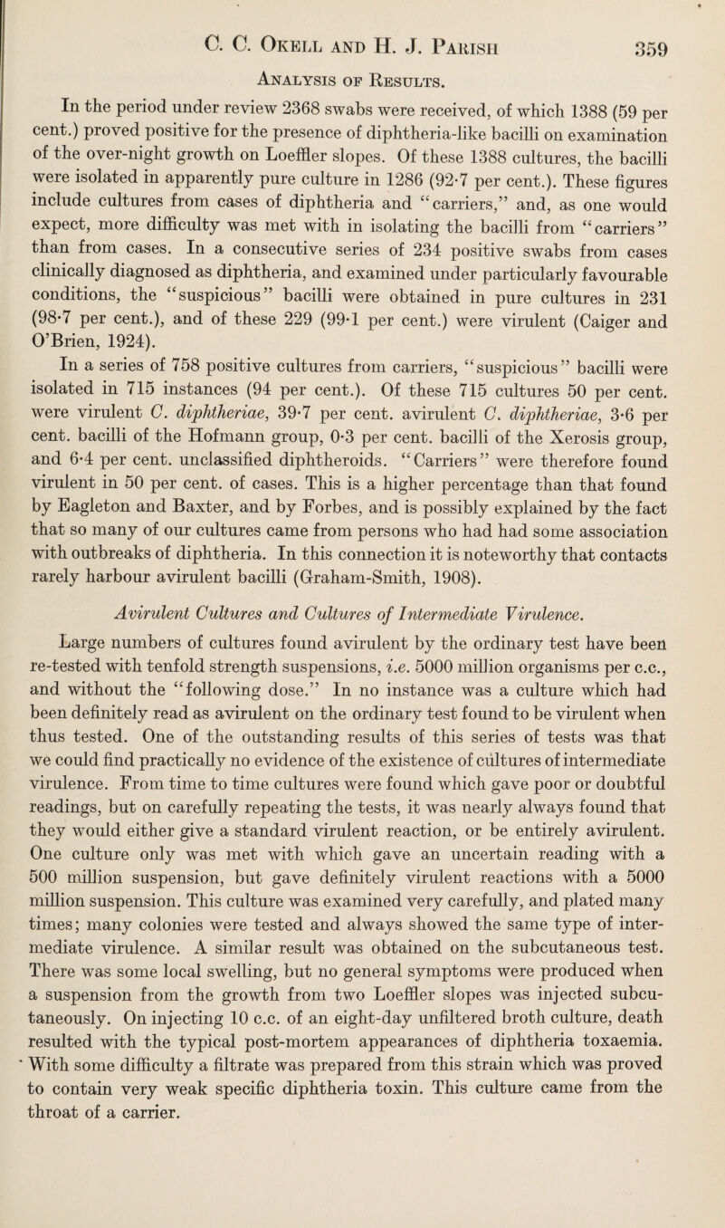 Analysis of Results. In the period under review 2368 swabs were received, of which 1388 (59 per cent.) proved positive for the presence of diphtheria-like bacilli on examination of the over-night growth on Loeffler slopes. Of these 1388 cultures, the bacilli were isolated in apparently pure culture in 1286 (92-7 per cent.). These figures include cultures from cases of diphtheria and “carriers,” and, as one would expect, more difficulty was met with in isolating the bacilli from “carriers” than from cases. In a consecutive series of 234 positive swabs from cases clinically diagnosed as diphtheria, and examined under particularly favourable conditions, the “suspicious” bacilli were obtained in pure cultures in 231 (98*7 per cent.), and of these 229 (99*1 per cent.) were virulent (Caiger and O’Brien, 1924). In a series of 758 positive cultures from carriers, “suspicious” bacilli were isolated in 715 instances (94 per cent.). Of these 715 cultures 50 per cent, were virulent C. diphtheriae, 39°7 per cent, avirulent C. diphtheriae, 3-6 per cent, bacilli of the Hofmann group, 0*3 per cent, bacilli of the Xerosis group, and 6-4 per cent, unclassified diphtheroids. “Carriers” were therefore found virulent in 50 per cent, of cases. This is a higher percentage than that found by Eagleton and Baxter, and by Forbes, and is possibly explained by the fact that so many of our cultures came from persons who had had some association with outbreaks of diphtheria. In this connection it is noteworthy that contacts rarely harbour avirulent bacilli (Graham-Smith, 1908). Avirulent Cultures and Cultures of Intermediate Virulence. Large numbers of cultures found avirulent by the ordinary test have been re-tested with tenfold strength suspensions, i.e. 5000 million organisms per c.c., and without the “following dose.” In no instance was a culture which had been definitely read as avirulent on the ordinary test found to be virulent when thus tested. One of the outstanding results of this series of tests was that we could find practically no evidence of the existence of cultures of intermediate virulence. From time to time cultures were found which gave poor or doubtful readings, but on carefully repeating the tests, it was nearly always found that they would either give a standard virulent reaction, or be entirely avirulent. One culture only was met with which gave an uncertain reading with a 500 million suspension, but gave definitely virulent reactions with a 5000 million suspension. This culture was examined very carefully, and plated many times; many colonies were tested and always showed the same type of inter¬ mediate virulence. A similar result was obtained on the subcutaneous test. There was some local swelling, but no general symptoms were produced when a suspension from the growth from two Loeffler slopes was injected subcu¬ taneously. On injecting 10 c.c. of an eight-day unfiltered broth culture, death resulted with the typical post-mortem appearances of diphtheria toxaemia. * With some difficulty a filtrate was prepared from this strain which was proved to contain very weak specific diphtheria toxin. This culture came from the throat of a carrier.