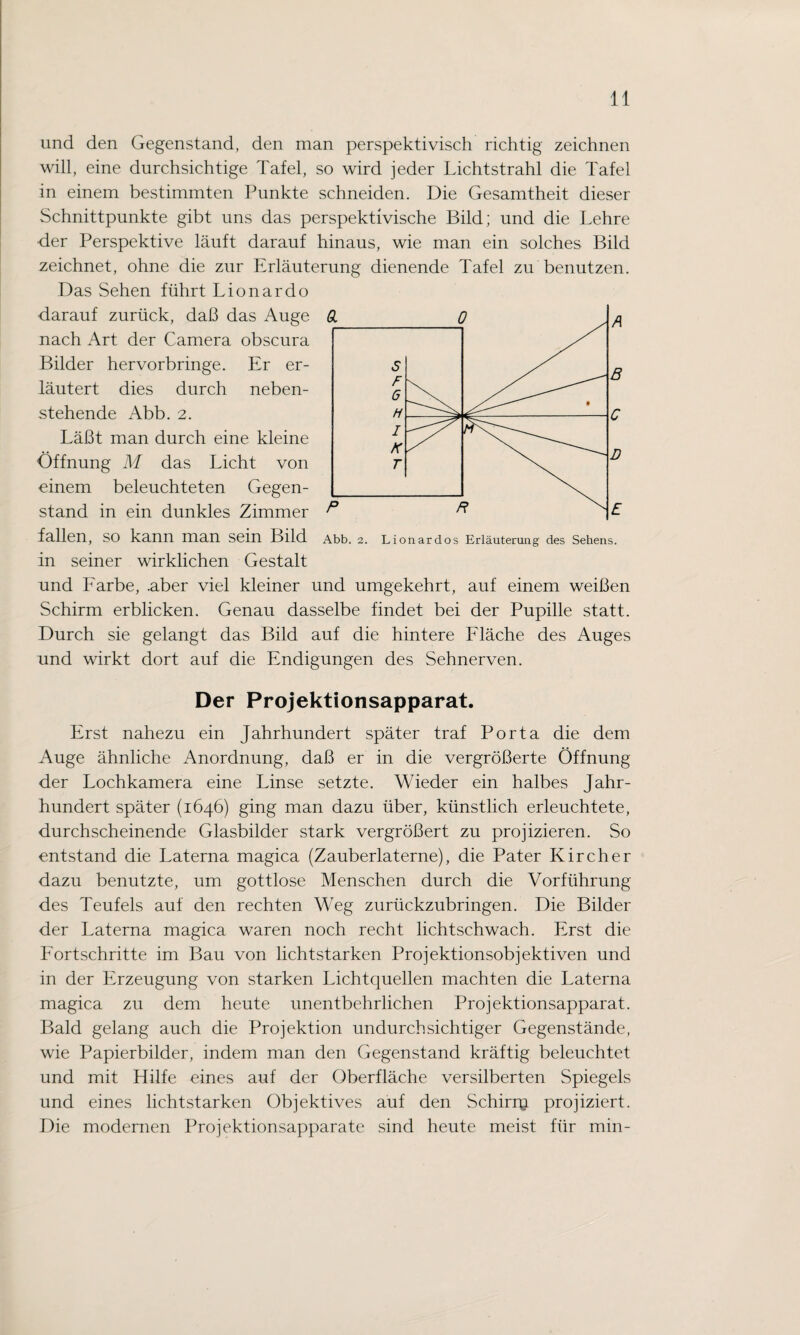 und den Gegenstand, den man perspektivisch richtig zeichnen will, eine durchsichtige Tafel, so wird jeder Lichtstrahl die Tafel in einem bestimmten Punkte schneiden. Die Gesamtheit dieser Schnittpunkte gibt uns das perspektivische Bild; und die Lehre -der Perspektive läuft darauf hinaus, wie man ein solches Bild zeichnet, ohne die zur Erläuterung dienende Tafel zu benutzen. Das Sehen führt Lionardo darauf zurück, daß das Auge GL 0 nach Art der Camera obscura Bilder hervorbringe. Er er¬ läutert dies durch neben¬ stehende Abb. 2. Läßt man durch eine kleine Öffnung M das Licht von einem beleuchteten Gegen¬ stand in ein dunkles Zimmer p fallen, SO kann man sein Bild Abb. 2. Lionardos Erläuterung des Sehens, in seiner wirklichen Gestalt und Farbe, .aber viel kleiner und umgekehrt, auf einem weißen Schirm erblicken. Genau dasselbe findet bei der Pupille statt. Durch sie gelangt das Bild auf die hintere Fläche des Auges und wirkt dort auf die Endigungen des Sehnerven. Der Projektionsapparat. Erst nahezu ein Jahrhundert später traf Porta die dem Auge ähnliche Anordnung, daß er in die vergrößerte Öffnung der Lochkamera eine Linse setzte. Wieder ein halbes Jahr¬ hundert später (1646) ging man dazu über, künstlich erleuchtete, durchscheinende Glasbilder stark vergrößert zu projizieren. So entstand die Laterna magica (Zauberlaterne), die Pater Kircher dazu benutzte, um gottlose Menschen durch die Vorführung des Teufels auf den rechten Weg zurückzubringen. Die Bilder der Laterna magica waren noch recht lichtschwach. Erst die Fortschritte im Bau von lichtstarken Projektionsobjektiven und in der Erzeugung von starken Lichtquellen machten die Laterna magica zu dem heute unentbehrlichen Projektionsapparat. Bald gelang auch die Projektion undurchsichtiger Gegenstände, wie Papierbilder, indem man den Gegenstand kräftig beleuchtet und mit Hilfe eines auf der Oberfläche versilberten Spiegels und eines lichtstarken Objektives auf den Schirr^ projiziert. Die modernen Projektionsapparate sind heute meist für min-
