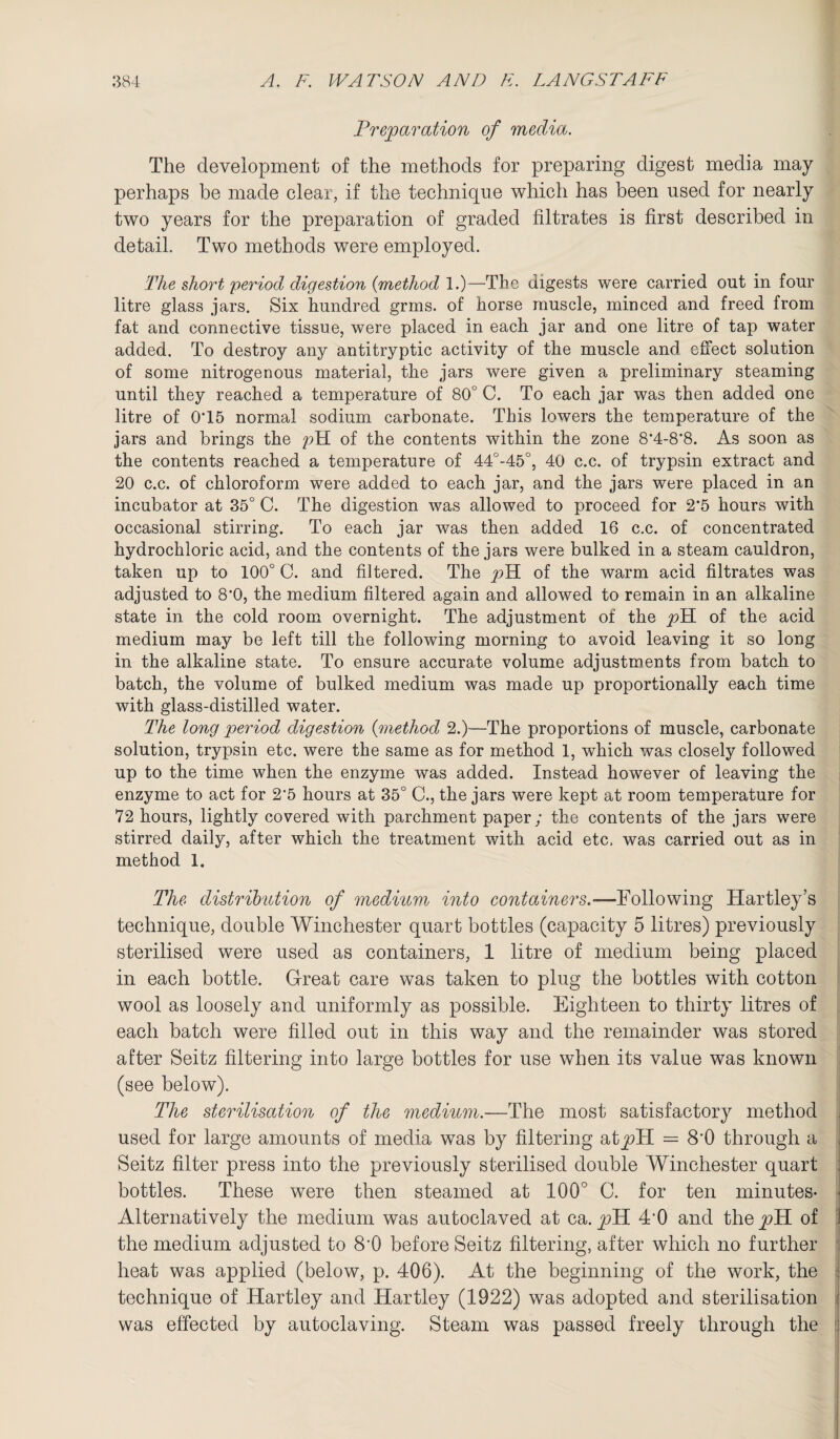 Preparation of media. The development of the methods for preparing digest media may perhaps be made clear, if the technique which has been used for nearly two years for the preparation of graded filtrates is first described in detail. Two methods were employed. The short period digestion (method 1.)—The digests were carried out in four litre glass jars. Six hundred grms. of horse muscle, minced and freed from fat and connective tissue, were placed in each jar and one litre of tap water added. To destroy any antitryptic activity of the muscle and effect solution of some nitrogenous material, the jars were given a preliminary steaming until they reached a temperature of 80° C. To each jar was then added one litre of 0*15 normal sodium carbonate. This lowers the temperature of the jars and brings the pH of the contents within the zone 8'4-8'8. As soon as the contents reached a temperature of 44°-45°, 40 c.c. of trypsin extract and 20 c.c. of chloroform were added to each jar, and the jars were placed in an incubator at 35° C. The digestion was allowed to proceed for 2*5 hours with occasional stirring. To each jar was then added 16 c.c. of concentrated hydrochloric acid, and the contents of the jars were bulked in a steam cauldron, taken up to 100° C. and filtered. The pH of the warm acid filtrates was adjusted to 8'0, the medium filtered again and allowed to remain in an alkaline state in the cold room overnight. The adjustment of the pH of the acid medium may be left till the following morning to avoid leaving it so long in the alkaline state. To ensure accurate volume adjustments from batch to batch, the volume of bulked medium was made up proportionally each time with glass-distilled water. The long period digestion {method 2.)—The proportions of muscle, carbonate solution, trypsin etc. were the same as for method 1, which was closely followed up to the time when the enzyme was added. Instead however of leaving the enzyme to act for 2‘5 hours at 35° C., the jars were kept at room temperature for 72 hours, lightly covered with parchment paper; the contents of the jars were stirred daily, after which the treatment with acid etc. was carried out as in method 1. The distribution of medium, into containers.— Following Hartley's technique, double Winchester quart bottles (capacity 5 litres) previously sterilised were used as containers, 1 litre of medium being placed in each bottle. Great care was taken to plug the bottles with cotton wool as loosely and uniformly as possible. Eighteen to thirty litres of each batch were filled out in this way and the remainder was stored after Seitz filtering into large bottles for use when its value was known (see below). The sterilisation of the medium.—The most satisfactory method used for large amounts of media was by filtering atpH = 8’0 through a Seitz filter press into the previously sterilised double Winchester quart bottles. These were then steamed at 100° C. for ten minutes- Alternatively the medium was autoclaved at ca. pH 4'0 and the pH of the medium adjusted to 8‘0 before Seitz filtering, after which no further heat was applied (below, p. 406). At the beginning of the work, the technique of Hartley and Hartley (1922) was adopted and sterilisation was effected by autoclaving. Steam was passed freely through the