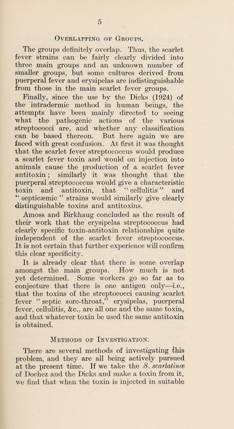 Overlapping of Groups. The groups definitely overlap. Thus, the scarlet fever strains can be fairly clearly divided into three main groups and an unknown number of smaller groups, but some cultures derived from puerperal fever and erysipelas are indistinguishable from those in the main scarlet fever groups. Finally, since the use by the Dicks (1924) of the intradermic method in human beings, the attempts have been mainly directed to seeing what the pathogenic actions of the various streptococci are, and whether any classification can be based thereon. But here again we are faced with great confusion. At first it was thought that the scarlet fever streptococcus would produce a scarlet fever toxin and would on injection into animals cause the production of a scarlet fever antitoxin; similarly it was thought that the puerperal streptococcus would give a characteristic toxin and antitoxin, that “ cellulitis ” and “ septicsemic ” strains would similarly give clearly distinguishable toxins and antitoxins. Amoss and Birkhaug concluded as the result of their wTork that the erysipelas streptococcus had clearly specific toxin-antitoxin relationships quite independent of the scarlet fever streptococcus. It is not certain that further experience will confirm this clear specificity. It is already clear that there is some overlap amongst the main groups. How much is not yet determined. Some workers go so far as to conjecture that there is one antigen only—i.e., that the toxins of the streptococci causing scarlet fever “ septic sore-throat,” erysipelas, puerperal fever, cellulitis, &c., are all one and the same toxin, and that whatever toxin be used the same antitoxin is obtained. Methods of Investigation. There are several methods of investigating fhis problem, and they are all being actively pursued at the present time. If we take the S. scarlatince of Dochez and the Dicks and make a toxin from it, we find that when the toxin is injected in suitable