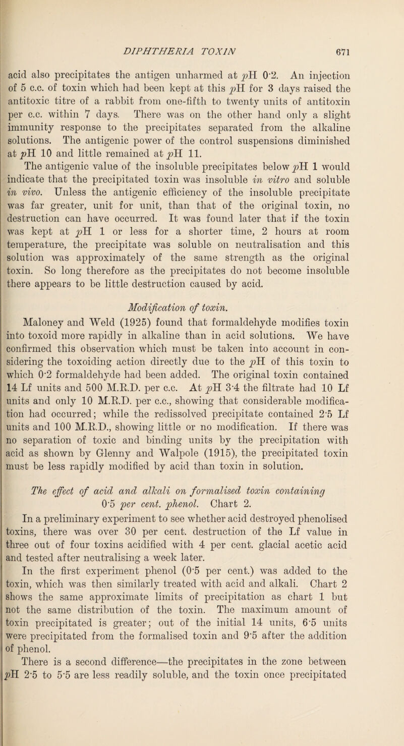 acid also precipitates the antigen unharmed at pH 02. An injection of 5 c.c. of toxin which had been kept at this pH for 3 days raised the antitoxic titre of a rabbit from one-fifth to twenty units of antitoxin per c.c. within 7 days. There was on the other hand only a slight immunity response to the precipitates separated from the alkaline solutions. The antigenic power of the control suspensions diminished dX pH 10 and little remained at pH 11. The antigenic value of the insoluble precipitates below pH 1 would indicate that the precipitated toxin was insoluble in vitro and soluble in vivo. Unless the antigenic efficiency of the insoluble precipitate was far greater, unit for unit, than that of the original toxin, no destruction can have occurred. It was found later that if the toxin was kept at pH 1 or less for a shorter time, 2 hours at room temperature, the precipitate was soluble on neutralisation and this solution was approximately of the same strength as the original toxin. So long therefore as the precipitates do not become insoluble there appears to be little destruction caused by acid. Modification of toxin. Maloney and Weld (1925) found that formaldehyde modifies toxin into toxoid more rapidly in alkaline than in acid solutions. We have confirmed this observation which must be taken into account in con¬ sidering the toxoiding action directly due to the pH of this toxin to which 0'2 formaldehyde had been added. The original toxin contained 14 Lf units and 500 M.R.D. per c.c. At pH 3-4 the filtrate had 10 Lf units and only 10 M.R.D. per c.c., showing that considerable modifica¬ tion had occurred; while the redissolved precipitate contained 25 Lf units and 100 M.R.D., showing little or no modification. If there was no separation of toxic and binding units by the precipitation with acid as shown by Glenny and Walpole (1915), the precipitated toxin must be less rapidly modified by acid than toxin in solution. The effect of acid and alkali on formalised toxin containing 0'5 per cent, phenol. Chart 2. In a preliminary experiment to see whether acid destroyed phenolised toxins, there was over 30 per cent, destruction of the Lf value in three out of four toxins acidified with 4 per cent, glacial acetic acid and tested after neutralising a week later. In the first experiment phenol (0*5 per cent.) was added to the toxin, which was then similarly treated with acid and alkali. Chart 2 shows the same approximate limits of precipitation as chart 1 but not the same distribution of the toxin. The maximum amount of toxin precipitated is greater; out of the initial 14 units, 6’5 units were precipitated from the formalised toxin and 9'5 after the addition of phenol. There is a second difference—the precipitates in the zone between pH 2‘5 to 5'5 are less readily soluble, and the toxin once precipitated