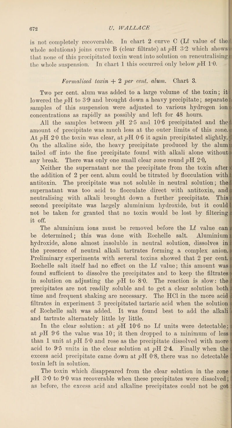 is not completely recoverable. In chart 2 curve C (Lf value of the whole solutions) joins curve B (clear filtrate) at y>H 3*2 which shows /' that none of this precipitated toxin went into solution on reneutralising in the whole suspension. In chart 1 this occurred only below pH 1*0. Formalised toxin + 2 per cent. alum. Chart 3. Two per cent, alum was added to a large volume of the toxin; it: lowered thepH to 3’9 and brought down a heavy precipitate; separate) samples of this suspension were adjusted to various hydrogen iont concentrations as rapidly as possibly and left for 48 hours. All the samples between pH 2*5 and iO’6 precipitated and the: amount of precipitate was much less at the outer limits of this zone, e At pH 2’0 the toxin was clear, aty>H 0*6 it again precipitated slightly. ; On the alkaline side, the heavy precipitate produced by the alumii tailed off into the fine precipitate found with alkali alone withoutp any break. There was only one small clear zone round pH 2'0. Neither the supernatant nor the precipitate from the toxin after ) the addition of 2 per cent, alum could be titrated by flocculation with ] antitoxin. The precipitate was not soluble in neutral solution; the: supernatant was too acid to flocculate direct with antitoxin, and v neutralising with alkali brought down a further precipitate. This second precipitate was largely aluminium hydroxide, but it could |j not be taken for granted that no toxin would be lost by filtering n it off. | The aluminium ions must be removed before the Lf value can a be determined; this was done with Bochelle salt. Aluminium u hydroxide, alone almost insoluble in neutral solution, dissolves in i the presence of neutral alkali tartrates forming a complex anion. t< Preliminary experiments with several toxins showed that 2 per cent, r Rochelle salt itself had no effect on the Lf value; this amount wasi found sufficient to dissolve the precipitates and to keep the filtrates • in solution on adjusting the pH to 8*0. The reaction is slow: the :l precipitates are not readily soluble and to get a clear solution both 3 time and frequent shaking are necessary. The HC1 in the more acid i filtrates in experiment 3 precipitated tartaric acid when the solution f of Rochelle salt was added. It was found best to add the alkali 1 and tartrate alternately little by little. In the clear solution: at pH 10'6 no Lf units were detectable; -: at pH 9'6 the value was 10; it then dropped to a minimum of less : than 1 unit at pH 5’0 and rose as the precipitate dissolved with more i acid to 95 units in the clear solution at pH 2*4. Finally when the excess acid precipitate came down at pH 0-8, there was no detectable 1 toxin left in solution. The toxin which disappeared from the clear solution in the zone | pH 3*0 to 90 was recoverable when these precipitates were dissolved; I as before, the excess acid and alkaline precipitates could not be got ]