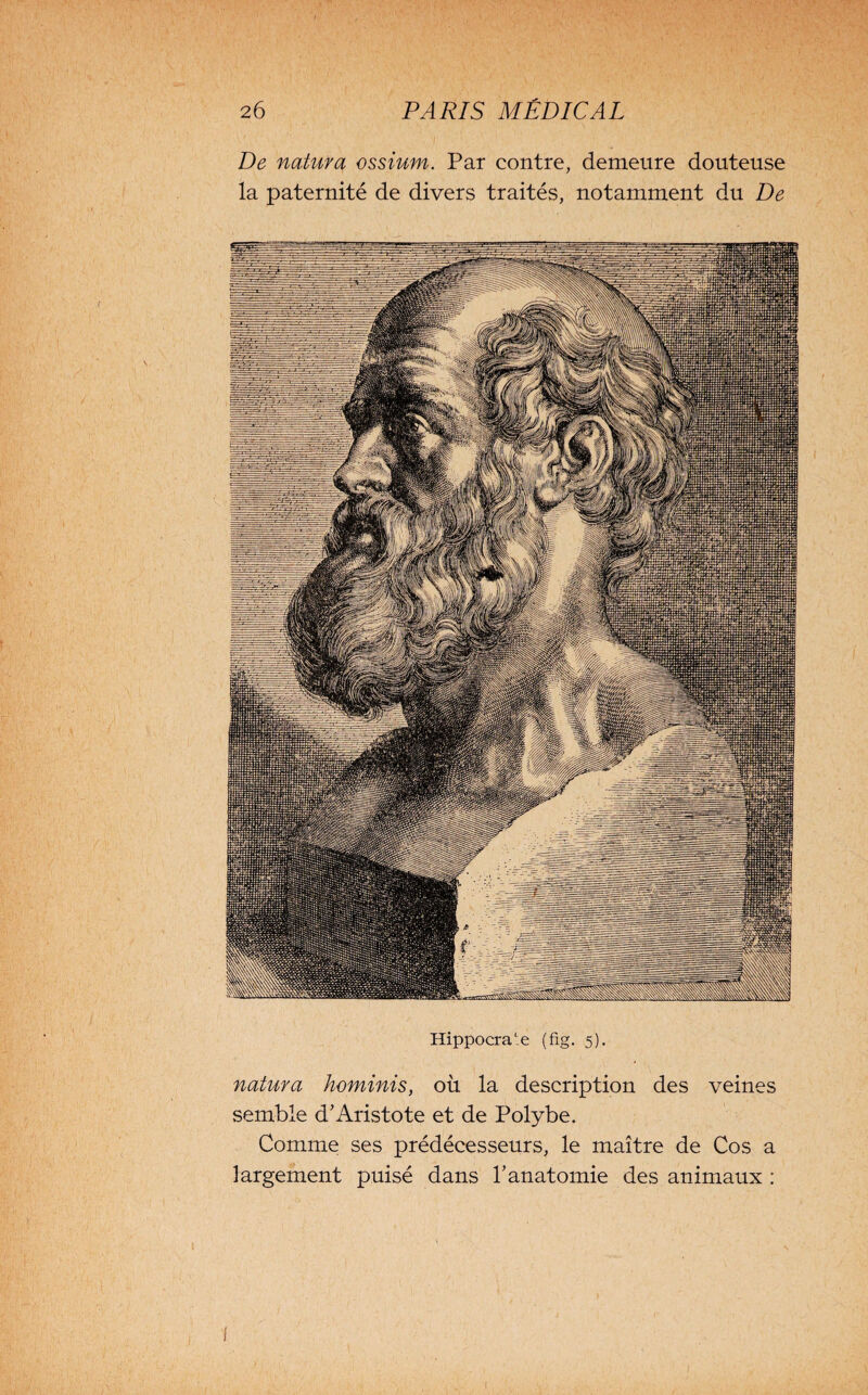 De natura ossium. Par contre, demeure douteuse la paternité de divers traités, notamment du De Hippocra'e (fig. 5). natura hominis, où la description des veines semble d’Aristote et de Polybe. Comme ses prédécesseurs, le maître de Cos a largement puisé dans l’anatomie des animaux :