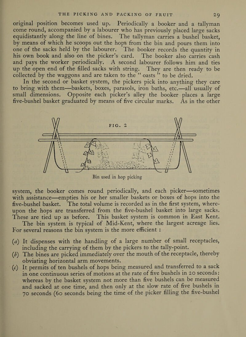 original position becomes used up. Periodically a booker and a tallyman come round, accompanied by a labourer who has previously placed large sacks equidistantly along the line of bines. The tallyman carries a bushel basket, by means of which he scoops out the hops from the bin and pours them into one of the sacks held by the labourer. The booker records the quantity in his own book and also on the picker’s card. The booker also carries cash and pays the worker periodically. A second labourer follows him and ties up the open end of the filled sacks with string. They are then ready to be collected by the waggons and are taken to the “ oasts ” to be dried. In the second or basket system, the pickers pick into anything they care to bring with them—baskets, boxes, parasols, iron baths, etc.—all usually of small dimensions. Opposite each picker’s alley the booker places a large five-bushel basket graduated by means of five circular marks. As in the other system, the booker comes round periodically, and each picker—sometimes with assistance—empties his or her smaller baskets or boxes of hops into the five-bushel basket. The total volume is recorded as in the first system, where¬ upon the hops are transferred from the five-bushel basket into large sacks. These are tied up as before. This basket system is common in East Kent. The bin system is typical of Mid-Kent, where the largest acreage lies. For several reasons the bin system is the more efficient : (a) It dispenses with the handling of a large number of small receptacles, including the carrying of them by the pickers to the tally-point. (b) The bines are picked immediately over the mouth of the receptacle, thereby obviating horizontal arm movements. (r) It permits of ten bushels of hops being measured and transferred to a sack in one continuous series of motions at the rate of five bushels in 20 seconds: whereas by the basket system not more than five bushels can be measured and sacked at one time, and then only at the slow rate of five bushels in 70 seconds (60 seconds being the time of the picker filling the five-bushel