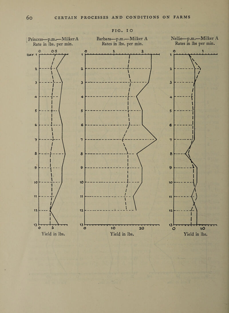 I Princ Ra DAY 1 2 3 4 S 6 7 8 9 10 11 11 13 ;—p.m.—Milker A in lbs. per min. 0-5 5 Yield in lbs. FIG. IO Barbara—p.m.—Milker A Rates in lbs. per min. 0 12 IO 20 Yield in lbs. Nellie—p.m.—Milker A Rates in lbs per min. o 1 lO Yield in lbs. o o