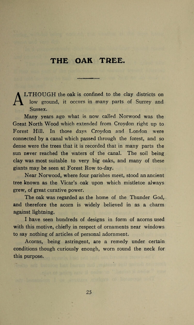 THE OAK TREE. Although the oak is confined to the clay districts on low ground, it occurs in many parts of Surrey and Sussex. Many years ago what is now called Norwood was the Great North Wood which extended from Croydon right up to Forest Hill. In those days Croydon and London were connected by a canal which passed through the forest, and so dense were the trees that it is recorded that in many parts the sun never reached the waters of the canal. The soil being clay was most suitable to very big oaks, and many of these giants may be seen at Forest Row to-day. Near Norwood, where four parishes meet, stood an ancient tree known as the Vicar’s oak upon which mistletoe always grew, of great curative power. The oak was regarded as the home of the Thunder God, and therefore the acorn is widely believed in as a charm against lightning. I have seen hundreds of designs in form of acorns used with this motive, chiefly in respect of ornaments near windows to say nothing of articles of personal adornment. Acorns, being astringent, are a remedy under certain conditions though curiously enough, worn round the neck for this purpose.