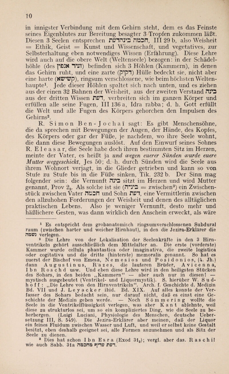 in innigster Verbindung mit dem Gehirn steht, dem es das Feinste seines Eigenblutes zur Bereitung besagter 3 Tropfen zukommen läßt; Diesen 3 Seelen entsprechen niHHiPD nöÜDll, III 29 b, also Weisheit = Ethik, Geist = Kunst und Wissenschaft, und vegetatives, zur Selbsterhaltung eben notwendiges Wissen (Erfahrung). Diese Lehre wird auch auf die obere Welt (Weltenseele) bezogen: in der Schädel- hohle (des pM* Tltt) befinden sich 3 Höhlen (Kammern), in denen das Gehirn ruht, und eine zarte (p^pl) Hülle bedeckt sie, nicht aber eine harte (KttWp), ringsum verschlossene, wie beim höchsten Welten¬ haupte1. Jede dieser Höhlen spaltet sich nach unten, und es ziehen aus der einen 32 Bahnen der Weisheit, aus der zweiten Verstand HM aus der dritten Wissen WH, verbreiten sich im ganzen Körper und erfüllen alle seine Fugen, 111136 a, Idra rabba; d. h. Gott erfüllt die Welt und alle Fugen des Körpers gehorchen den Impulsen des Gehirns2. R. Simon Ben-Jochai sagt: Es gibt Menschensöhne, die da sprechen mit Bewegungen der Augen, der Hände, des Kopfes, des Körpers oder gar der Füße, je nachdem, wo ihre Seele wohnt, die dann diese Bewegungen auslöst. Auf den Einwurf seines Sohnes R. Eleasar, die Seele habe doch ihren bestimmten Sitz im Herzen, meinte der Vater, es heißt ja und wegen euerer Sünden wurde euere Mutter weggeschickt, Jes 50; d. h. durch Sünden wird die Seele aus ihrem Wohnort verjagt, in die Glieder getrieben und kann so von Stufe zu Stufe bis in die Füße sinken, Tik. 232 b. Der Sinn mag folgender sein: die Vernunft rWD sitzt im Herzen und wird Mutter genannt, Prov 23. Als solche ist sie (PITD = zwischen3) ein Zwischen¬ stück zwischen Vater riÖSH und Sohn WH, eine Vermittlerin zwischen den allzuhohen Forderungen der Weisheit und denen des alltäglichen praktischen Lebens. Also je weniger Vernunft, desto mehr und häßlichere Gesten, was dann wirklich den Anschein erweckt, als wäre 1 Es entspricht dem grobanatomisch ringsumverschlossenen Subdural raum (zwischen harter und weicher Hirnhaut), in den die Jezira-Erklärer die HfctPS verlegen. 2 Die Lehre von der Lokalisation der Seelenkräfte in den 3 Hirn¬ ventrikeln gehört ausschließlich dem Mittelalter an. Die erste (vorderste) Kammer wurde cellula phantastica oder imaginativa, die zweite logistica oder cogitativa und die dritte (hinterste) memoralis genannt. So hat es zuerst der Bischof von Emesa, N e m e s i o s und P o s i d o n i o s, (4. Jh.) dann Augustinus, R'azes, die lauteren Brüder, A v i c e n n a, Ibn Roschd usw. Und eben diese Lehre wird in den heiligsten Stücken des Sohars, in den beiden ,,Kammern“ — aber auch nur in diesen! — mystisch ausgebeutet (Ventrikel- und Liquormystik). S. hierüber W. Sud¬ hoff : „Die Lehre von den Hirnventrikeln“. Arch. f. Geschichte d. Medizin Bd. VII und J. Leyacker ibid. Bd. XIX. Auf alles konnte der Ver¬ fasser des Sohars bedacht sein, nur darauf nicht, daß es einst eine Ge¬ schichte der Medizin geben werde. — Noch Sömmering wollte die Seele in die Ventrikelflüssigkeit verlegen, was aber Kant ablehnte, weil diese zu strukturlos sei, um so ein kompliziertes Ding, wie die Seele zu be¬ herbergen. (Luigi Luciani, Physiologie des Menschen, deutsche Ueber- setzung III, S. 549). Die Jezira-Erklärer aber meinen, daß der Liquor ein feines Fluidum zwischen Wasser und Luft, und weil er selbst keine Gestalt besitzt, eben deshalb geeignet sei, alle Formen anzunehmen und als Sitz der Seele zu dienen. 3 Dies hat schon Ibn Esra (Exod 313); vergl. aber das. Raschil wie auch Sabb. 31a fiöantt upü f)!H.