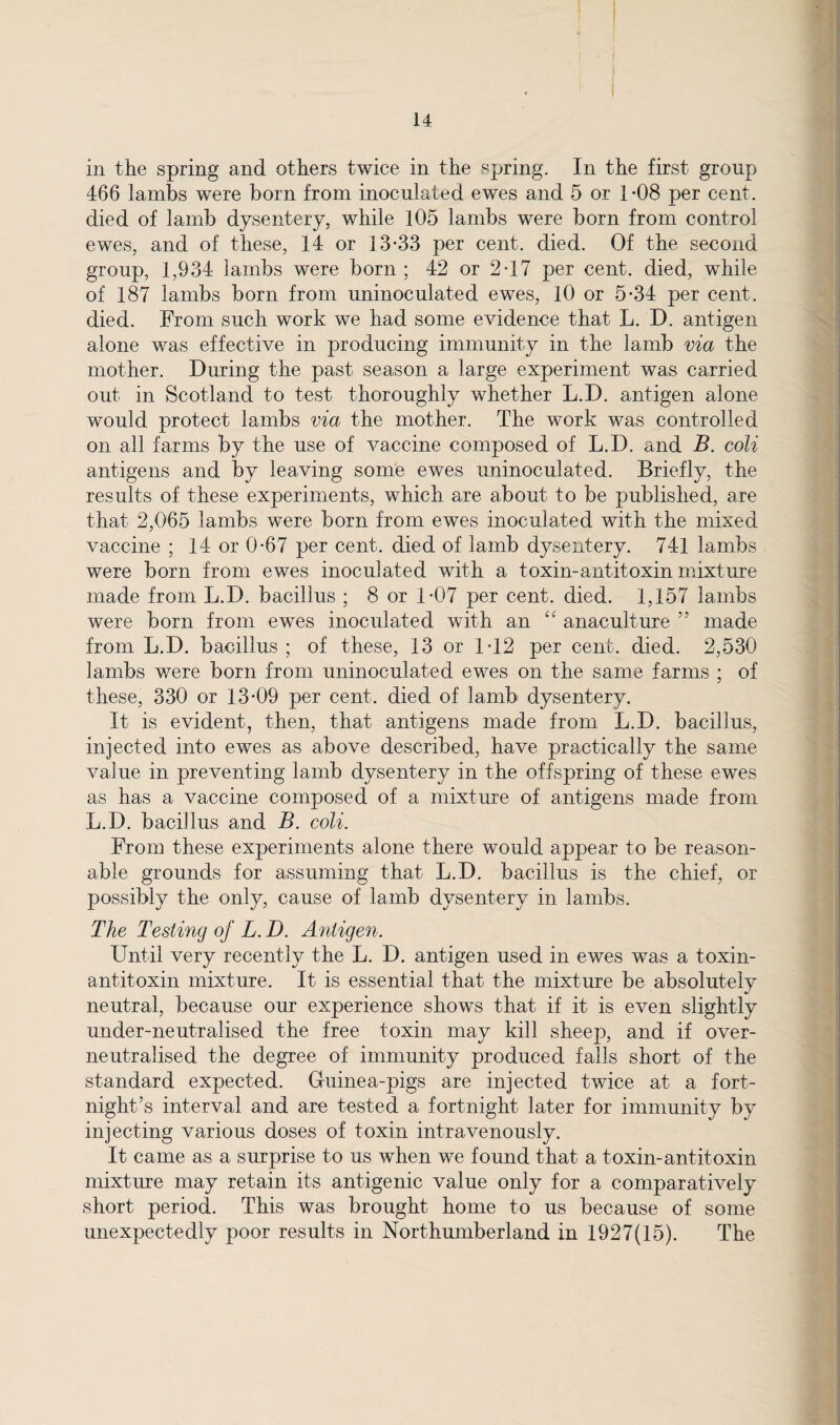 in the spring and others twice in the spring. In the first group 466 lambs were born from inoculated ewes and 5 or 1 -08 per cent, died of lamb dysentery, while 105 lambs were born from control ewes, and of these, 14 or 13-33 per cent. died. Of the second group, 1,934 lambs were born ; 42 or 2-17 per cent, died, while of 187 lambs born from uninoculated ewes, 10 or 5-34 per cent, died. From such work we had some evidence that L. D. antigen alone was effective in producing immunity in the lamb via the mother. During the past season a large experiment was carried out in Scotland to test thoroughly whether L.D. antigen alone would protect lambs via the mother. The work was controlled on all farms by the use of vaccine composed of L.D. and B. coli antigens and by leaving some ewes uninoculated. Briefly, the results of these experiments, which are about to be published, are that 2,065 lambs were born from ewes inoculated with the mixed vaccine ; 14 or 0-67 per cent, died of lamb dysentery. 741 lambs were born from ewes inoculated with a toxin-antitoxin mixture made from L.D. bacillus ; 8 or 1-07 per cent. died. 1,157 lambs were born from ewes inoculated with an ££ anaculture 55 made from L.D. bacillus; of these, 13 or 1-12 per cent. died. 2,530 lambs were born from uninoculated ewes on the same farms ; of these, 330 or 13-09 per cent, died of lamb dysentery. It is evident, then, that antigens made from L.D. bacillus, injected into ewes as above described, have practically the same value in preventing lamb dysentery in the offspring of these ewes as has a vaccine composed of a mixture of antigens made from L.D. bacillus and B. coli. From these experiments alone there would appear to be reason¬ able grounds for assuming that L.D. bacillus is the chief, or possibly the only, cause of lamb dysentery in lambs. The Testing of L. D. Antigen. Until very recently the L. D. antigen used in ewes was a toxin- antitoxin mixture. It is essential that the mixture be absolutely neutral, because our experience shows that if it is even slightly under-neutralised the free toxin may kill sheep, and if over- neutralised the degree of immunity produced falls short of the standard expected. Guinea-pigs are injected twice at a fort¬ night’s interval and are tested a fortnight later for immunity by injecting various doses of toxin intravenously. It came as a surprise to us when we found that a toxin-antitoxin mixture may retain its antigenic value only for a comparatively short period. This was brought home to us because of some unexpectedly poor results in Northumberland in 1927(15). The