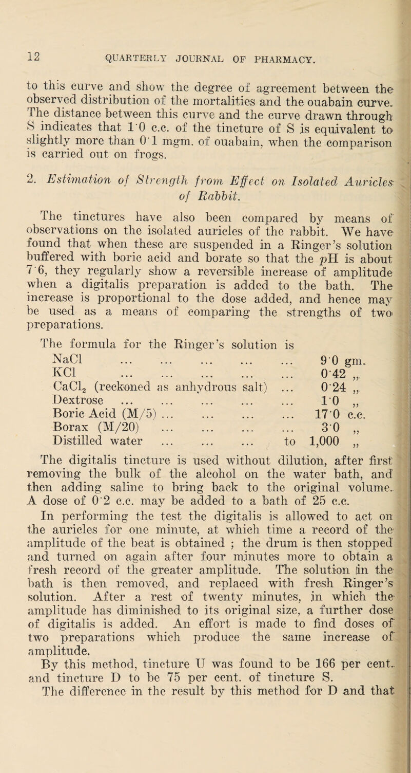 to this curve and show the degree of agreement between the observed distribution of the mortalities and the ouabain curve. The distance between this curve and the curve drawn through S indicates that 10 c.c. of the tincture of S is equivalent to* slightly more than 01 mgm. of ouabain, wdien the comparison is carried out on frogs. 2. Estimation of Strength from Effect on Isolated Auricles of Rabbit. The tinctures have also been compared by means of observations on the isolated auricles of the rabbit. We have found that when these are suspended in a Ringer’s solution buffered with boric acid and borate so that the pH is about r6, they regularly show a reversible increase of amplitude when a digitalis preparation is added to the bath. The increase is proportional to the dose added, and hence may be used as a means of comparing the strengths of two preparations. The formula for the Ringer’s solution is NaCl . KPl ^ J- ••• ••• ••• ••• CaCl2 (reckoned as anhydrous salt) Dextrose Boric Acid (M/5). Borax (M/20) ... . Distilled water ... ... ... to 9 0 gm. 042 024 10 „ 17 0 c.c. v 30 1,000 )) The digitalis tincture is used without dilution, after first removing the bulk of the alcohol on the water bath, and then adding saline to bring back to the original volume. A dose of 0‘2 c.c. may be added to a bath of 25 c.c. In performing the test the digitalis is allowed to act on the auricles for one minute, at which time a record of the amplitude of the beat is obtained ; the drum is then stopped and turned on again after four minutes more to obtain a fresh record of the greater amplitude. The solution (in the bath is then removed, and replaced with fresh Ringer’s solution. After a rest of twenty minutes, in which the amplitude has diminished to its original size, a further dose of digitalis is added. An effort is made to find doses of two preparations which produce the same increase of amplitude. By this method, tincture U was found to be 166 per cent, and tincture D to be 75 per cent, of tincture S. The difference in the result by this method for D and that