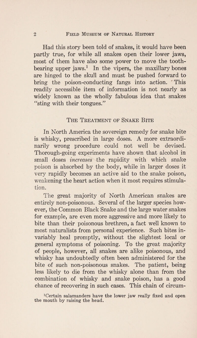 Had this story been told of snakes, it would have been partly true, for while all snakes open their lower jaws, most of them have also some power to move the tooth¬ bearing upper jaws.1 In the vipers, the maxillary bones are hinged to the skull and must be pushed forward to bring the poison-conducting fangs into action. This readily accessible item of information is not nearly as widely known as the wholly fabulous idea that snakes sting with their tongues/' The Treatment of Snake Bite In North America the sovereign remedy for snake bite is whisky, prescribed in large doses. A more extraordi¬ narily wrong procedure could not well be devised. Thorough-going experiments have shown that alcohol in small doses increases the rapidity with which snake poison is absorbed by the body, while in larger doses it very rapidly becomes an active aid to the snake poison, weakening the heart action when it most requires stimula¬ tion. The great majority of North American snakes are entirely non-poisonous. Several of the larger species how¬ ever, the Common Black Snake and the large water snakes for example, are even more aggressive and more likely to bite than their poisonous brethren, a fact well known to most naturalists from personal experience. Such bites in¬ variably heal promptly, without the slightest local or general symptoms of poisoning. To the great majority of people, however, all snakes are alike poisonous, and whisky has undoubtedly often been administered for the bite of such non-poisonous snakes. The patient, being less likely to die from the whisky alone than from the combination of whisky and snake poison, has a good chance of recovering in such cases. This chain of circum- 1 Certain salamanders have the lower jaw really fixed and open the mouth by raising the head.