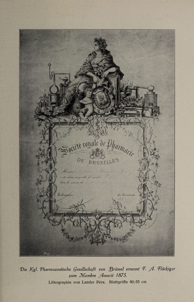 Die Kgl Pharmazeutische Qesellschaft von Brüssel ernennt P. fl. Plücliiger zum JYCembre flssocie 1875. Lithographie von Lander Pere. Blattgröße 40:53 cm