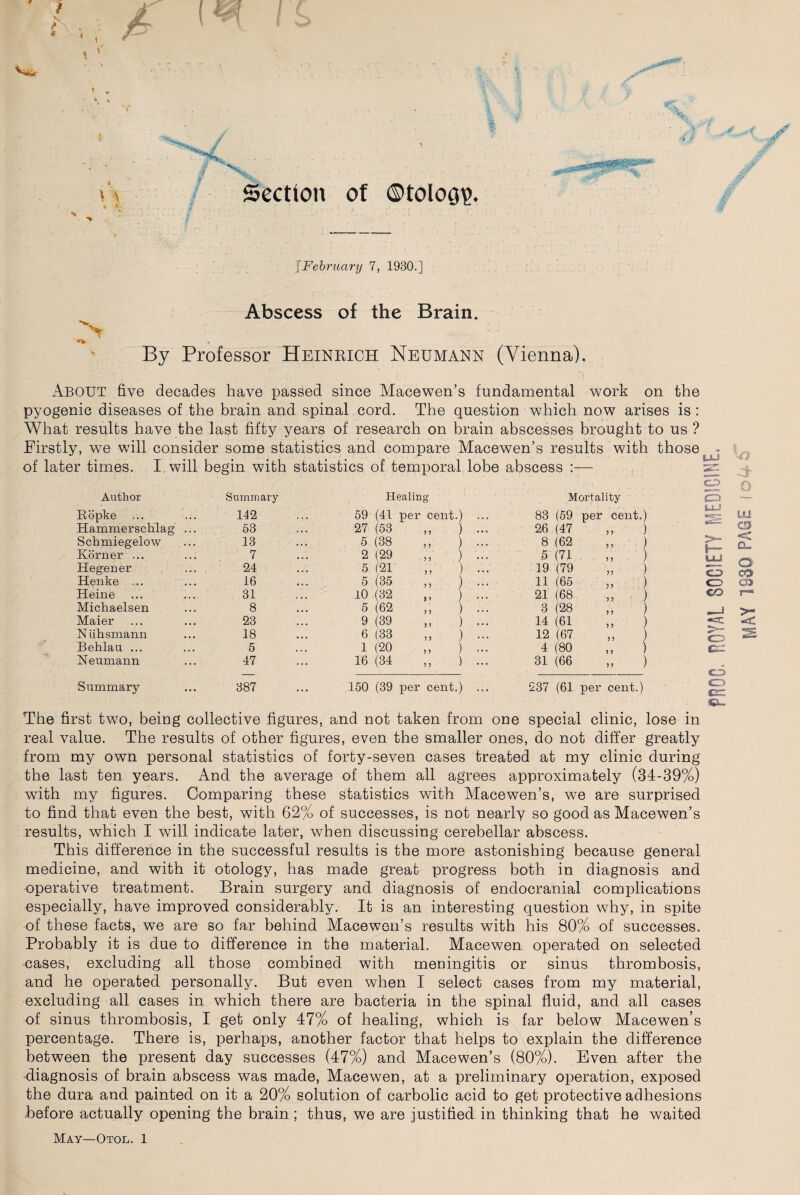 \ \ Section of ©toloo\>. 'fFebruary 7, 1930.] Abscess of the Brain. '>  .. By Professor Heinrich Neumann (Vienna). About five decades have passed since Macewen’s fundamental work on the pyogenic diseases of the brain and spinal cord. The question which now arises is: What results have the last fifty years of research on brain abscesses brought to us ? Firstly, we will consider some statistics and compare Macewen’s results with those of later times. I will begin with statistics of temporal lobe abscess :— Author Summary Healing Mortality Ropke 142 59 (41 per cent.) ... 83 (59 per cent.) Hammerschlag ... 53 27 (53 „ ) - 26 (47 5 > ) Schmiegelow 13 5 (38 „ ) - 8 (62 > 5 ) Korner ... 7 2 (29 .) .- 5 (71 5 ? ) Hegener 24 5 (21 „ ) - 19 (79 ?? ) Henke ... 16 5 (35 ,, ) - 11 (65 ? J ) Heine 31 10 (32 n ) -. 21 (68 > 5 ) Michaelsen 8 5 (62 „ ) - 3 (28 ) 5 ) Maier 23 9 (39 ,, ) -. 14 (61 5 > ) Niihsmann 18 6 (33 „ ) - 12 (67 5 5 ) Behlau ... 5 1 (20 „ ) -. 4 (80 J > ) Neumann 47 16 (34 » ) ». 31 (66 J? ) The first two, being collective figures, and not taken from one special clinic, lose in real value. The results of other figures, even the smaller ones, do not differ greatly from my own personal statistics of forty-seven cases treated at my clinic during the last ten years. And the average of them all agrees approximately (34-39%) with my figures. Comparing these statistics with Macewen’s, we are surprised to find that even the best, with 62% of successes, is not nearly so good as Macewen’s results, which I will indicate later, when discussing cerebellar abscess. This difference in the successful results is the more astonishing because general medicine, and with it otology, has made great progress both in diagnosis and operative treatment. Brain surgery and diagnosis of endocranial complications especially, have improved considerably. It is an interesting question why, in spite of these facts, we are so far behind Macewen’s results with his 80% of successes. Probably it is due to difference in the material. Macewen operated on selected cases, excluding all those combined with meningitis or sinus thrombosis, and he operated personally. But even when I select cases from my material, excluding all cases in which there are bacteria in the spinal fluid, and all cases of sinus thrombosis, I get only 47% of healing, which is far below Macewen’s percentage. There is, perhaps, another factor that helps to explain the difference between the present day successes (47%) and Macewen’s (80%). Even after the diagnosis of brain abscess was made, Macewen, at a preliminary operation, exposed the dura and painted on it a 20% solution of carbolic acid to get protective adhesions before actually opening the brain ; thus, we are justified in thinking that he waited May— Otol. 1 PHOC. ROYAL SOCIETY MEDICINE, MAY 1S30 PAGE 10U S'