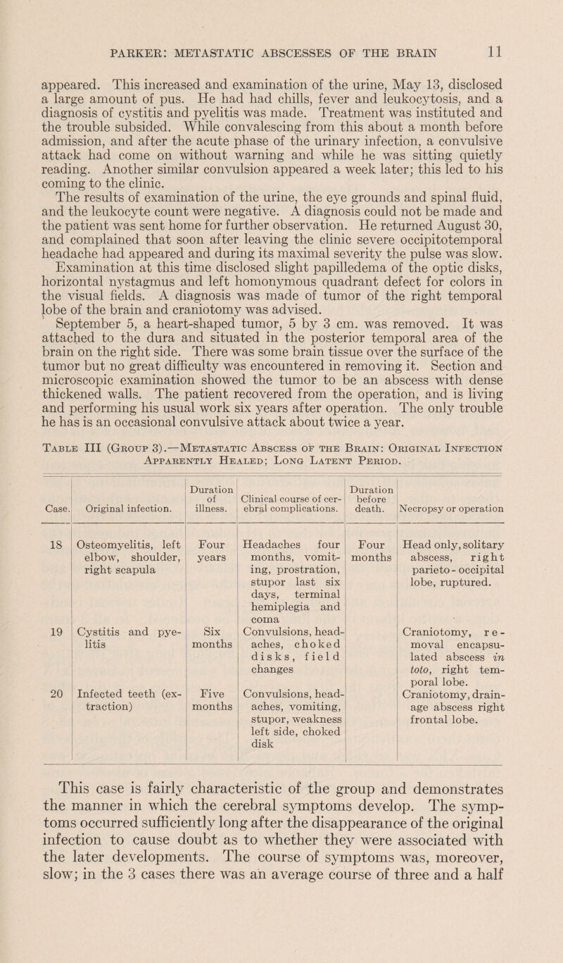 appeared. This increased and examination of the urine, May 13, disclosed a large amount of pus. He had had chills, fever and leukocytosis, and a diagnosis of cystitis and pyelitis was made. Treatment was instituted and the trouble subsided. While convalescing from this about a month before admission, and after the acute phase of the urinary infection, a convulsive attack had come on without warning and while he was sitting quietly reading. Another similar convulsion appeared a week later; this led to his coming to the clinic. The results of examination of the urine, the eye grounds and spinal fluid, and the leukocyte count were negative. A diagnosis could not be made and the patient was sent home for further observation. He returned August 30, and complained that soon after leaving the clinic severe occipitotemporal headache had appeared and during its maximal severity the pulse was slow. Examination at this time disclosed slight papilledema of the optic disks, horizontal nystagmus and left homonymous quadrant defect for colors in the visual fields. A diagnosis was made of tumor of the right temporal lobe of the brain and craniotomy was advised. September 5, a heart-shaped tumor, 5 by 3 cm. was removed. It was attached to the dura and situated in the posterior temporal area of the brain on the right side. There was some brain tissue over the surface of the tumor but no great difficulty was encountered in removing it. Section and microscopic examination showed the tumor to be an abscess with dense thickened walls. The patient recovered from the operation, and is living and performing his usual work six years after operation. The only trouble he has is an occasional convulsive attack about twice a year. Table III (Group 3).—Metastatic Abscess of the Brain: Original Infection Apparently Healed; Long Latent Period. Case. Original infection. Duration of illness. Clinical course of cer¬ ebral complications. Duration before death. Necropsy or operation 18 Osteomyelitis, left Four Headaches four Four Head only, solitary elbow, shoulder, right scapula years months, vomit¬ ing, prostration, stupor last six days, terminal hemiplegia and coma months abscess, right parieto- occipital lobe, ruptured. 19 Cystitis and pye¬ litis Six months Convulsions, head¬ aches, choked disks , field changes Craniotomy, re¬ moval encapsu¬ lated abscess in toto, right tem¬ poral lobe. 20 Infected teeth (ex¬ traction) Five months Convulsions, head¬ aches, vomiting, stupor, weakness left side, choked disk Craniotomy, drain¬ age abscess right frontal lobe. This case is fairly characteristic of the group and demonstrates the manner in wrhich the cerebral symptoms develop. The symp¬ toms occurred sufficiently long after the disappearance of the original infection to cause doubt as to whether they were associated with the later developments. The course of symptoms was, moreover, slow; in the 3 cases there was an average course of three and a half