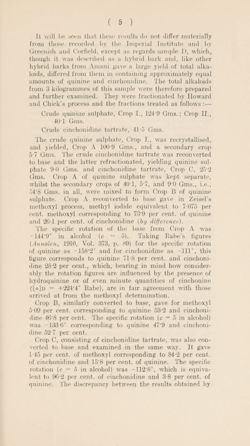 It will be sot'ii (liat these results do not differ materially from those recorded by the. Imperial Institute and hy Greenish and Corfield, except as Hoards sample 1), which, though it was described as a hybrid hark and, like other hybrid barks from Amani gave a large yield of total alka¬ loids, differed from them in containing approximately equal amounts of quinine and cinchonidine. The total alkaloids from 3 kilogrammes of this sample were therefore prepared and further examined. They were fractionated by Howard and Chick’s process and the fractions treated as follows :■— Crude quinine sulphate, Crop I., 124-9 Gms.; Crop II., 4-OT Gms. Crude cinchonidine tartrate, 41-5 Gms. The crude quinine sulphate, Crop I., was recrystallised, and yielded, Crop A 100-9 Gms., and a secondary crop 5-7 Gms. The crude cinchonidine tartrate was reconverted to base and the latter refractionated, yielding quinine sul¬ phate 9 0 Gms. and cinchonidine tartrate, Crop C, 25-2 Gms. Crop A of quinine sulphate was kept separate, whilst the secondary crops of 40-1, 5-7, and 9'0 Gms., i.e., 54*8 Gms. in all, were mixed to form Crop B of quinine sulphate. Crop A reconverted to base gave in Xeisel’s methoxyl process, methyl iodide equivalent to 7-075 per cent, methoxyl corresponding to 73*9 per cent, of quinine and 20-1 per cent, of cinchonidine (by difference). The specific rotation of the base from Crop A was -144'9° in alcohol (c — 5). Taking Babe's figures (Annalcn, J9I0, Vol. 373, p. <s9) for the specific rotation of quinine as -158*2° and for cinchonidine as -1110, this figure corresponds to quinine 718 per cent, and cinchoni¬ dine 28-2 per cent., which, bearing in mind how consider¬ ably the rotation figures are influenced by the presence of hydroquinine or of even minute quantities of cinchonine ([ajn = +224*4° Babe), are in fair agreement with those arrived at from the methoxyl determination. Crop B, similarly converted to base, gave for methoxyl 5-09 per cent, corresponding to quinine 53-2 and cinchoni¬ dine 4b*8 per cent. The specific rotation (c = 5 in alcohol) was -133 6° corresponding to quinine 47*9 and cinchoni¬ dine 52-7 per cent. Crop C, consisting of cinchonidine tartrate, was also con¬ verted to base and examined in the same way. It gave 1-45 per cent, of methoxyl corresponding to 84-2 per cent, of cinchonidine and 15*8 per cent, of quinine. The specific rotation (c = 5 in alcohol) was -112*8°, which is equiva¬ lent to 90-2 per cent, of cinchonidine and 3-8 per cent, of quinine. Hie discrepancy between the results obtained by