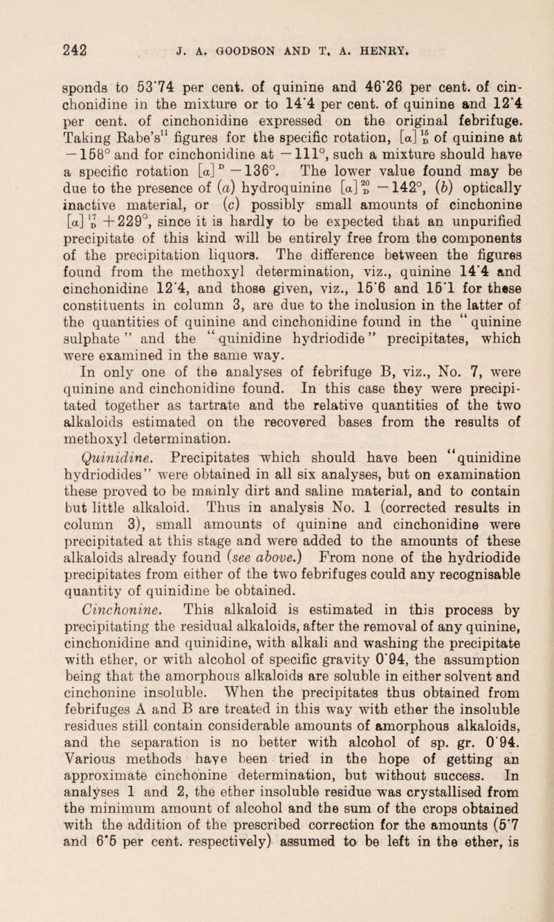 sponds to 53*74 per cent, of quinine and 46*26 per cent, of cin- chonidine in the mixture or to 14*4 per cent, of quinine and 12*4 per cent, of cinchonidine expressed on the original febrifuge. Taking Rabe’s11 figures for the specific rotation, [a] » of quinine at — 158° and for cinchonidine at —111°, such a mixture should have a specific rotation [a]D —136°. The lower value found may be due to the presence of (a) hydroquinine [a] “ ~ 142°, (b) optically inactive material, or (c) possibly small amounts of cinchonine [a] d +229°, since it is hardly to be expected that an unpurified precipitate of this kind will be entirely free from the components of the precipitation liquors. The difference between the figures found from the methoxyl determination, viz., quinine 14*4 and cinchonidine 12*4, and those given, viz., 15*6 and 16*1 for these constituents in column 3, are due to the inclusion in the latter of the quantities of quinine and cinchonidine found in the “ quinine sulphate ” and the “ quinidine hydriodide ” precipitates, which were examined in the same way. In only one of the analyses of febrifuge B, viz., No. 7, were quinine and cinchonidine found. In this case they were precipi¬ tated together as tartrate and the relative quantities of the two alkaloids estimated on the recovered bases from the results of methoxyl determination. Quinidine. Precipitates which should have been “quinidine hydriodides” were obtained in all six analyses, but on examination these proved to be mainly dirt and saline material, and to contain but little alkaloid. Thus in analysis No. 1 (corrected results in column 3), small amounts of quinine and cinchonidine were precipitated at this stage and were added to the amounts of these alkaloids already found (see above.) From none of the hydriodide precipitates from either of the two febrifuges could any recognisable quantity of quinidine be obtained. Cinchonine. This alkaloid is estimated in this process by precipitating the residual alkaloids, after the removal of any quinine, cinchonidine and quinidine, with alkali and washing the precipitate with ether, or with alcohol of specific gravity 0*94, the assumption being that the amorphous alkaloids are soluble in either solvent and cinchonine insoluble. When the precipitates thus obtained from febrifuges A and B are treated in this way with ether the insoluble residues still contain considerable amounts of amorphous alkaloids, and the separation is no better with alcohol of sp. gr. 0*94. Various methods haye been tried in the hope of getting an approximate cinchonine determination, but without success. In analyses 1 and 2, the ether insoluble residue was crystallised from the minimum amount of alcohol and the sum of the crops obtained with the addition of the prescribed correction for the amounts (5*7 and 6*5 per cent, respectively) assumed to be left in the ether, is
