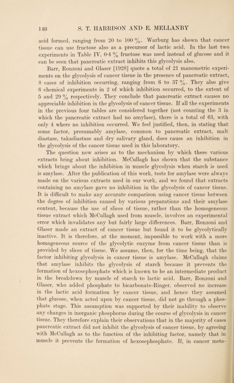acid formed, ranging from 20 to 100%. Warburg has shown that cancer tissue can use fructose also as a precursor of lactic acid. In the last two experiments in Table IV, 0-4 % fructose was used instead of glucose and it can be seen that pancreatic extract inhibits this glycolysis also. Barr, Ronzoni and Glaser [1928] quote a total of 21 manometric experi¬ ments on the glycolysis of cancer tissue in the presence of pancreatic extract, 8 cases of inhibition occurring, ranging from 6 to 37 %. They also give 6 chemical experiments in 2 of which inhibition occurred, to the extent of 5 and 29 % respectively. They conclude that pancreatic extract causes no appreciable inhibition in the glycolysis of cancer tissue. If all the experiments in the previous four tables are considered together (not counting the 3 in which the pancreatic extract had no amylase), there is a total of 63, with only 4 where no inhibition occurred. We feel justified, then, in stating that some factor, presumably amylase, common to pancreatic extract, malt diastase, takadiastase and dry salivary gland, does cause an inhibition in the glycolysis of the cancer tissue used in this laboratory. The question now arises as to the mechanism by which these various extracts bring about inhibition. McCullagh has shown that the substance which brings about the inhibition in muscle glycolysis when starch is used is amylase. After the publication of this work, tests for amylase were always made on the various extracts used in our work, and we found that extracts containing no amylase gave no inhibition in the glycolysis of cancer tissue. It is difficult to make any accurate comparison using cancer tissue between the degree of inhibition caused by various preparations and their amylase content, because the use of slices of tissue, rather than the homogeneous tissue extract which McCullagh used from muscle, involves an experimental error which invalidates any but fairly large differences. Barr, Ronzoni and Glaser made an extract of cancer tissue but found it to be glycolytically inactive. It is therefore, at the moment, impossible to work with a more homogeneous source of the glycolytic enzyme from cancer tissue than is provided by slices of tissue. We assume, then, for the time being, that the factor inhibiting glycolysis in cancer tissue is amylase. McCullagh claims that amylase inhibits the glycolysis of starch because it prevents the formation of hexosephosphate which is known to be an intermediate product in the breakdown by muscle of starch to lactic acid. Barr, Ronzoni and Glaser, who added phosphate to bicarbonate-Ringer, observed no increase in the lactic acid formation by cancer tissue, and hence they assumed that glucose, when acted upon by cancer tissue, did not go through a phos¬ phate stage. This assumption was supported by their inability to observe any changes in inorganic phosphorus during the course of glycolysis in cancer tissue. They therefore explain their observations that in the majority of cases pancreatic extract did not inhibit the glycolysis of cancer tissue, by agreeing with McCullagh as to the function of the inhibiting factor, namely that in muscle it prevents the formation of hexosephosphate. If, in cancer meta-