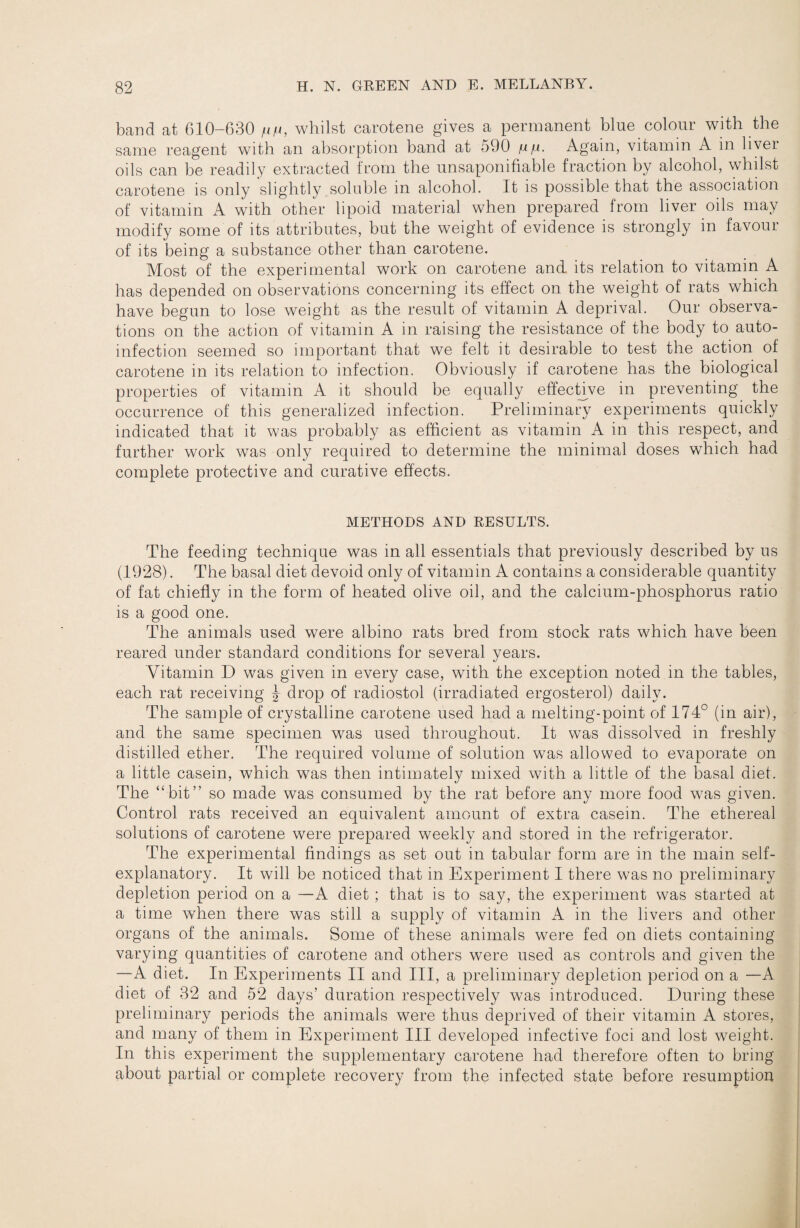 band at 610-630 /i/i, whilst carotene gives a permanent blue colour with the same reagent with an absorption band at 590 Again, vitamin A in liver oils can be readily extracted from the unsaponifiable fraction by alcohol, whilst carotene is only slightly soluble in alcohol. It is possible that the association of vitamin A with other lipoid material when prepared from liver oils may modify some of its attributes, but the weight of evidence is strongly in favour of its being a substance other than carotene. Most of the experimental work on carotene and its relation to vitamin A has depended on observations concerning its effect on the weight of rats which have begun to lose weight as the result of vitamin A deprival. Our observa¬ tions on the action of vitamin A in raising the resistance of the body to auto¬ infection seemed so important that we felt it desirable to test the action of carotene in its relation to infection. Obviously if carotene has the biological properties of vitamin A it should be equally effective in preventing the occurrence of this generalized infection. Preliminai-y experiments quickly indicated that it was probably as efficient as vitamin A in this respect, and further work was only required to determine the minimal doses which had complete protective and curative effects. METHODS AND RESULTS. The feeding technique was in all essentials that previously described by us (1928). The basal diet devoid only of vitamin A contains a considerable quantity of fat chiefly in the form of heated olive oil, and the calcium-phosphorus ratio is a good one. The animals used were albino rats bred from stock rats which have been reared under standard conditions for several years. Vitamin D was given in every case, with the exception noted in the tables, each rat receiving J drop of radiostol (irradiated ergosterol) daily. The sample of crystalline carotene used had a melting-point of 174° (in air), and the same specimen was used throughout. It was dissolved in freshly distilled ether. The required volume of solution was allowed to evaporate on a little casein, which was then intimately mixed with a little of the basal diet. The “bit” so made was consumed by the rat before any more food was given. Control rats received an equivalent amount of extra casein. The ethereal solutions of carotene were prepared weekly and stored in the refrigerator. The experimental findings as set out in tabular form are in the main self- explanatory. It will be noticed that in Experiment I there was no preliminary depletion period on a —A diet ; that is to say, the experiment was started at a time when there was still a supply of vitamin A in the livers and other organs of the animals. Some of these animals were fed on diets containing varying quantities of carotene and others were used as controls and given the —A diet. In Experiments II and III, a preliminary depletion period on a —A diet of 32 and 52 days’ duration respectively was introduced. During these preliminary periods the animals were thus deprived of their vitamin A stores, and many of them in Experiment III developed infective foci and lost weight. In this experiment the supplementary carotene had therefore often to bring about partial or complete recovery from the infected state before resumption