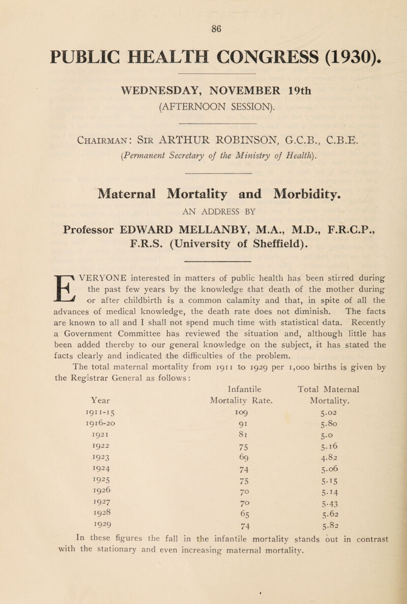 PUBLIC HEALTH CONGRESS (1930). WEDNESDAY, NOVEMBER 19th (AFTERNOON SESSION). Chairman: Sir ARTHUR ROBINSON, G.C.B., C.B.E. (.Permanent Secretary of the Ministry of Health). Maternal Mortality and Morbidity. AN ADDRESS BY Professor EDWARD MELLANBY, M.A., M.D., F.R.C.P., F.R.S. (University of Sheffield). EVERYONE interested in matters of public health has been stirred during the past few years by the knowledge that death of the mother during or after childbirth is a common calamity and that, in spite of all the advances of medical knowledge, the death rate does not diminish. The facts are known to all and I shall not spend much time with statistical data. Recently a Government Committee has reviewed the situation and, although little has been added thereby to our general knowledge on the subject, it has stated the facts clearly and indicated the difficulties of the problem. The total maternal mortality from 1911 to 1929 per 1,000 births is given by the Registrar General as follows : Infantile Total Maternal Year Mortality Rate. Mortality. 1911-15 109 5.02 1916-20 9i 5.80 1921 81 5*° 1922 75 5*16 J923 69 GO 4~ I924 74 5.06 J925 75 5* J5 1926 70 5-i4 J927 70 5-43 1928 65 5.62 x929 74 5-82 In these figures the fall in the infantile mortality stands out in contrast with the stationary and even increasing maternal mortality. I