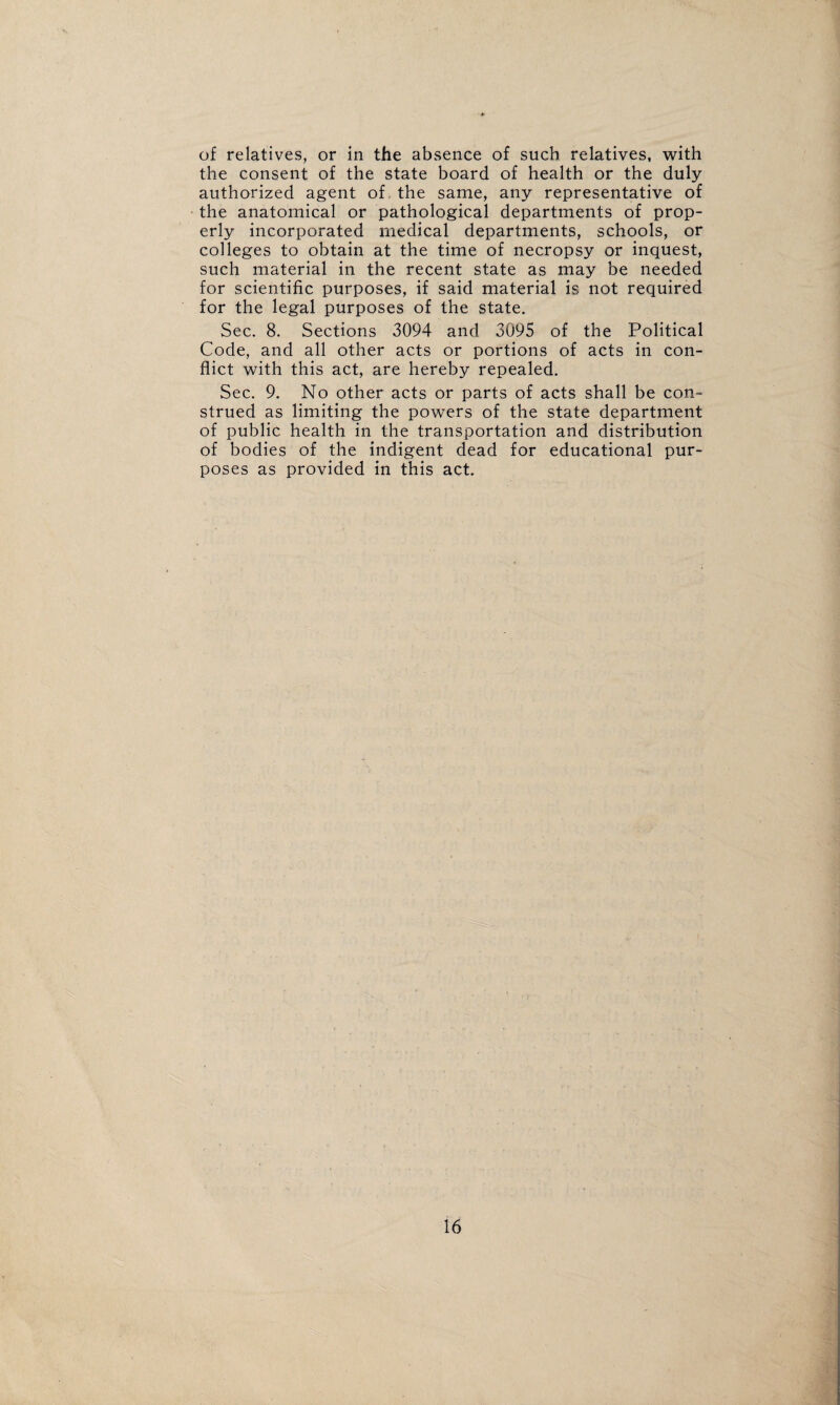 of relatives, or in the absence of such relatives, with the consent of the state board of health or the duly authorized agent of the same, any representative of the anatomical or pathological departments of prop¬ erly incorporated medical departments, schools, or colleges to obtain at the time of necropsy or inquest, such material in the recent state as may be needed for scientific purposes, if said material is not required for the legal purposes of the state. Sec. 8. Sections 3094 and 3095 of the Political Code, and all other acts or portions of acts in con¬ flict with this act, are hereby repealed. Sec. 9. No other acts or parts of acts shall be con¬ strued as limiting the powers of the state department of public health in the transportation and distribution of bodies of the indigent dead for educational pur¬ poses as provided in this act.