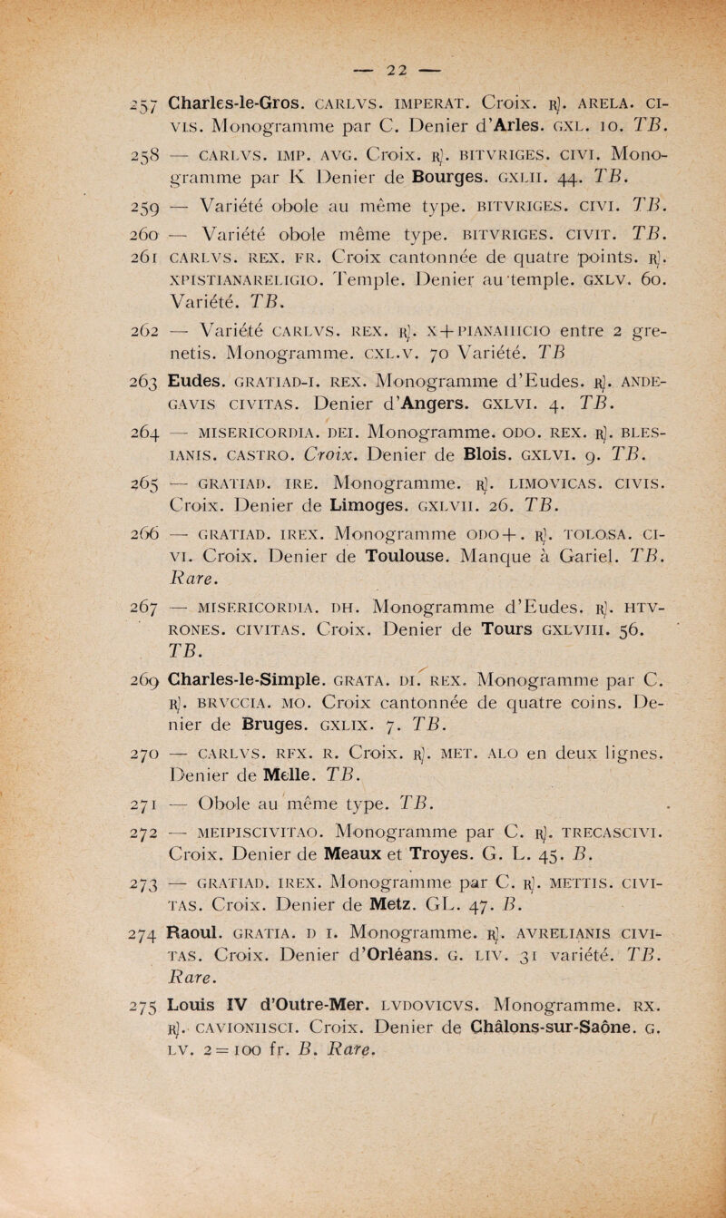 257 Charles-le-Gros. carlvs. imperat. Croix, r). arela. ci- vis. Monogramme par C. Denier d’Arles, gxl. 10. TB. 258 — carlvs. imp. avg. Croix. r]. bitvriges. civi. Mono¬ gramme par K Denier de Bourges, gxlii. 44. TB. 25g — Variété obole au même type, bitvriges. civi. TB. 260 — Variété obole même type, bitvriges. civit. TB. 261 carlvs. r ex. fr. Croix cantonnée de quatre points, r]. xpistianarelïgio. Temple. Denier au‘temple, gxlv. 60. Variété. TB. 262 — Variété carlvs. rex. r). x4-pianaiiicio entre 2 gre- netis. Monogramme, cxl.v. 70 Variété. TB 263 Eudes, gratïad-i. rex. Monogramme d’Eudes. rJ. ande- gavis civiTAS. Denier d’Angers, gxlvi. 4. TB. 264 — misericordia. dei. Monogramme, 000. rex. r). bles- ianis. Castro. Croix. Denier de Blois, gxlvi. 9. TB. 265 — gratiad. ire. Monogramme. rJ. limovicas. civis. Croix. Denier de Limoges, gxlvii. 26. TB. 266 — gratiad. irex. Monogramme odo+. r). tolosa. ci- vi. Croix. Denier de Toulouse. Manque à Gariel. TB. R are. 267 — misericordia. dh. Monogramme d’Eudes. rJ. htv- rones. civitas. Croix. Denier de Tours gxlviii. 56. TB. 269 Charles-le-Simple. grata. di. rex. Monogramme par C. rJ. brvccia. mo. Croix cantonnée de quatre coins. De¬ nier de Bruges, gxlix. 7. TB. 270 — carlvs. rex. R. Croix. r]. met. alo en deux lignes. Denier de Melle. TB. 271 -— Obole au même type. TB. 272 — meipi s ci vitao . Monogramme par C. rJ. trecascivi. Croix. Denier de Meaux et Troyes. G. L. 45. B. 273 — gratiad. irex. Monogramme par C. r]. mettis. civi- tas. Croix. Denier de Metz, GL. 47. B. 274 Raoul, g R ati A. d i. Monogramme, r]. avrelianis civi- tas. Croix. Denier d’Orléans, g. liv. 31 variété. TB. Rare. 275 Louis IV d’Outre-Mer. lvdovicvs. Monogramme, rx. r). cavioniisci. Croix. Denier de Châlons-sur-Saône. g, lv. 2=100 fr. B. Rare.