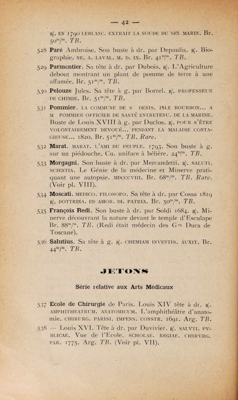 ’V P RJ. EN 1790 LEBLANC. EXTRAIT LA SOUDE DU SEL MARIN. Br. 50ra/m. TB. 528 Paré Ambroise. Son buste à dr. par Depaulis. rJ. Bio¬ graphie. NE. A. LAVAL. M. D. IX. Bl*. 41 m/m. TB. 529 Parmentier. Sa tête à dr. par Dubois. rJ. L’Agriculture debout montrant un plant de pomme de terre à une affamée. Br. 5im/m. TB. 530 Pelouze Jules. Sa tête à g. par Borrel. r). professeur de chimie. Br. 51 m/m. TB. 531 Pommier, la commune de s dénis. iSle bourbon... a M POMMIER OFFICIER DE SANTÉ ENTRETENU. DE LA MARINE. Buste de Louis XVIII à g. par Duclos. rJ. pour s’être VOLONTAIREMENT DEVOUE... PENDANT LA MALADIE CONTA¬ GIEUSE... 1820. Br. 5im/m. TB. Rare. 532 Marat, marat. l’ami du peuple. 1793. Son buste à g. sur un piédouche. Cu. uniface à bélière. 24m/m. TB. 533 Morgagni. Son buste à dr. par Mercandetti. r]. saluti. scientia. Le Génie de la médecine et Minerve prati¬ quant une autopsie, mdcccviii. Br. 68m/m. TB. Rare. (Voir pi. VIII). 534 Moscati. MEDico. filosofo. Sa tête à dr. par Cossa 1819 R). DOTTRINA. ED AMOR. DI. PATRIA. Br. $Om/m. TB. 535 François Redi. Son buste à dr. par Soldi 1684. Rj- Mi¬ nerve découvrant la nature devant le temple d’Esculape Br. 88m/m. TB. (Redi était médecin des G ^ Ducs de Toscane). 556 Salutius. Sa tête à g. rJ. chemiam inventis. auxit. Br. 44m/m. TB. JETONS Série relative aux Arts Médicaux 537 Ecole de Chirurgie de Paris. Louis XIV tête à dr. rJ. amphitheatrum. anatomicum. L’amphithéâtre d’anato¬ mie. CHIRURG. PARISI. IMPENS. CONSTR. 1691. Arg. TB. 538 — Louis XVI. Tête à dr. par Duvivier. r). salvti. pv- blicae. Vue de l’Ecole, scholae. regiae. chirvrg. par. 1775. Arg. TB. (Voir pi. VII).