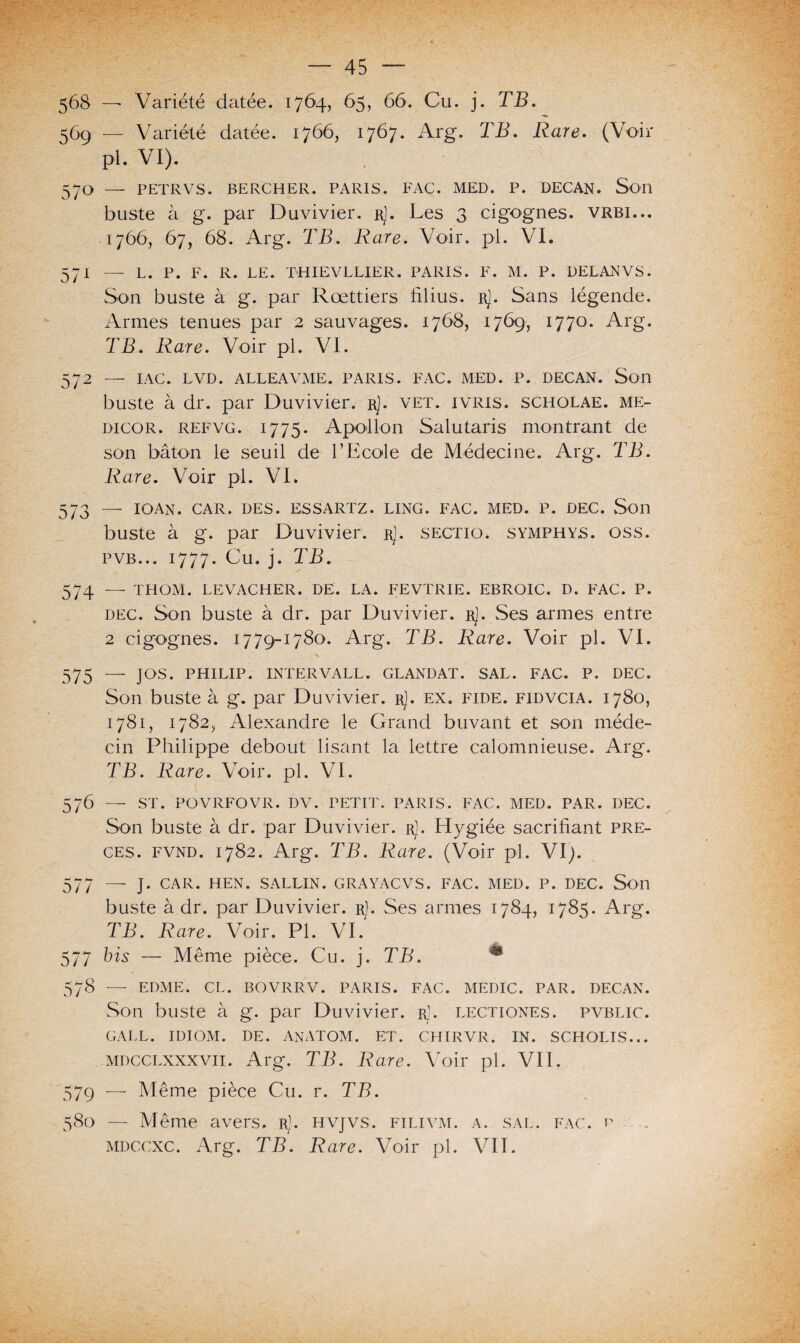 568 — Variété datée. 1764, 65, 66. Cu. j. TB. 569 — Variété datée. 1766, 1767. Arg. TB. Rare. (Voir pi. VI). 570 — PETRVS. BERCHER. PARIS. FAC. MED. P. DECAN. Son buste à g. par Duvivier. rJ. Les 3 cigognes, vrbi... 1766, 67, 68. Arg. TB. Rare. Voir. pl. VI. 571 — L. P. F. R. LE. THIEVLLIER. PARIS. F. M. P. DELANVS. Son buste à g. par Rœttiers filius. rJ. Sans légende. Armes tenues par 2 sauvages. 1768, 1769, 1770* Arg. TB. Rare. Voir pl. VI. 572 — IAC. LVD. ALLEAVME. PARIS. FAC. MED. P. DECAN. Son buste à dr. par Duvivier. rJ. vet. ivris. scholae. me- dicor. refatg. 1775. Apollon Salutaris montrant de son bâton le seuil de l’Ecole de Médecine. Arg. TB. Rare. Voir pl. VL 573 — IOAN. CAR. DES. ESSARTZ. LING. FAC. MED. p. déc. Son buste à g. par Duvivier. r]. sectio. symphys. oss. pvb.., 1777. Cu. j. TB. 574 — THOM. LEVACHER. DE. LA. FEVTRIE. EBROIC. D. FAC. P. dec. Son buste à dr. par Duvivier. rJ. Ses armes entre 2 cigognes. 1779^1780. Arg. TB. Rare. Voir pl, VI. 575 — JOS- PHILIP. INTERVALL. GLANDAT. SAL. FAC. P. DEC. Son buste à g. par Duvivier. rJ. ex. fide. fidvcia. 1780, 1781, 1782 ,j Alexandre le Grand buvant et son méde¬ cin Philippe debout lisant la lettre calomnieuse. Arg*. TB. Rare. Voir. pl. VI. 576 — ST. POVRFOVR. DV. PETIT. PARIS. FAC. MED. PAR. DEC. Son buste à dr. par Duvivier. rJ. Hygiée sacrifiant pre- ces. fvnd. 1782. Arg. TB. Rare. (Voir pl. VI). 577 — J. CAR. HEN. SALLIN. GRAYACVS. FAC. MED. P. DEC. Son buste à dr. par Duvivier. r). Ses armes 1784, 1785. Arg. TB. Rare. Voir. Pl. VI. 577 bis — Même pièce. Cu. j. TB. m 578 — EDME. CL. BOVRRV. PARIS. FAC. MEDIC. PAR. DECAN. Son buste à g. par Duvivier. rJ. lectiones. pvblic. GALL. IDIOM. DE. AnATOM. ET. CHIRVR. IN. SCHOLIS... mdcclxxxvii. Arg. TB. Rare. Voir pl. VIL 579 — Même pièce Cu. r. TB. 580 — Même avers, r). hvjvs. filivm. a. sal. fac. r mdccxc. Arg. TB. Rare. Voir pl. VIL