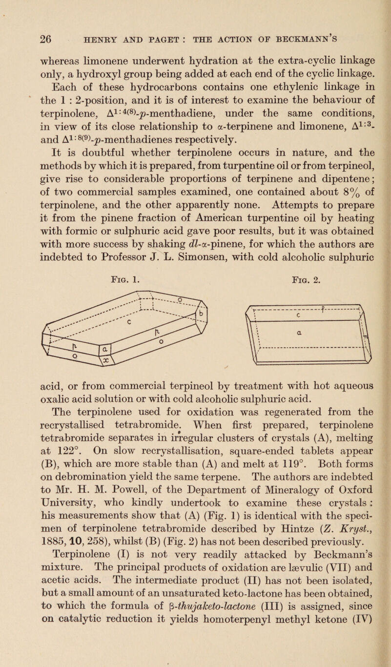 whereas limonene underwent hydration at the extra-cyclic linkage only, a hydroxyl group being added at each end of the cyclic linkage. Each of these hydrocarbons contains one ethylenic linkage in the 1 : 2-position, and it is of interest to examine the behaviour of terpinolene, A1: 4^8>-^?-menthadiene, under the same conditions, in view of its close relationship to a-terpinene and limonene, A1:3- and A1:8(D-_p-menthadienes respectively. It is doubtful whether terpinolene occurs in nature, and the methods by which it is prepared, from turpentine oil or from terpineol, give rise to considerable proportions of terpinene and dipentene; of two commercial samples examined, one contained about 8% of terpinolene, and the other apparently none. Attempts to prepare it from the pinene fraction of American turpentine oil by heating with formic or sulphuric acid gave poor results, but it was obtained with more success by shaking dZ-a-pinene, for which the authors are indebted to Professor J. L. Simonsen, with cold alcoholic sulphuric Fig. 1. Fig. 2. acid, or from commercial terpineol by treatment with hot aqueous oxalic acid solution or with cold alcoholic sulphuric acid. The terpinolene used for oxidation was regenerated from the recrystallised tetrabromide. When first prepared, terpinolene tetrabromide separates in irregular clusters of crystals (A), melting at 122°. On slow recrystallisation, square-ended tablets appear (B), which are more stable than (A) and melt at 119°. Both forms on debromination yield the same terpene. The authors are indebted to Mr. H. M. Powell, of the Department of Mineralogy of Oxford University, who kindly undertook to examine these crystals : his measurements show that (A) (Fig. 1) is identical with the speci¬ men of terpinolene tetrabromide described by Hintze (Z. Kryst., 1885,10, 258), whilst (B) (Fig. 2) has not been described previously. Terpinolene (I) is not very readily attacked by Beckmann’s mixture. The principal products of oxidation are lsevulic (VII) and acetic acids. The intermediate product (II) has not been isolated, but a small amount of an unsaturated keto-lactone has been obtained, to which the formula of $-thujaketo-lactone (III) is assigned, since on catalytic reduction it yields homoterpenyl methyl ketone (IV)