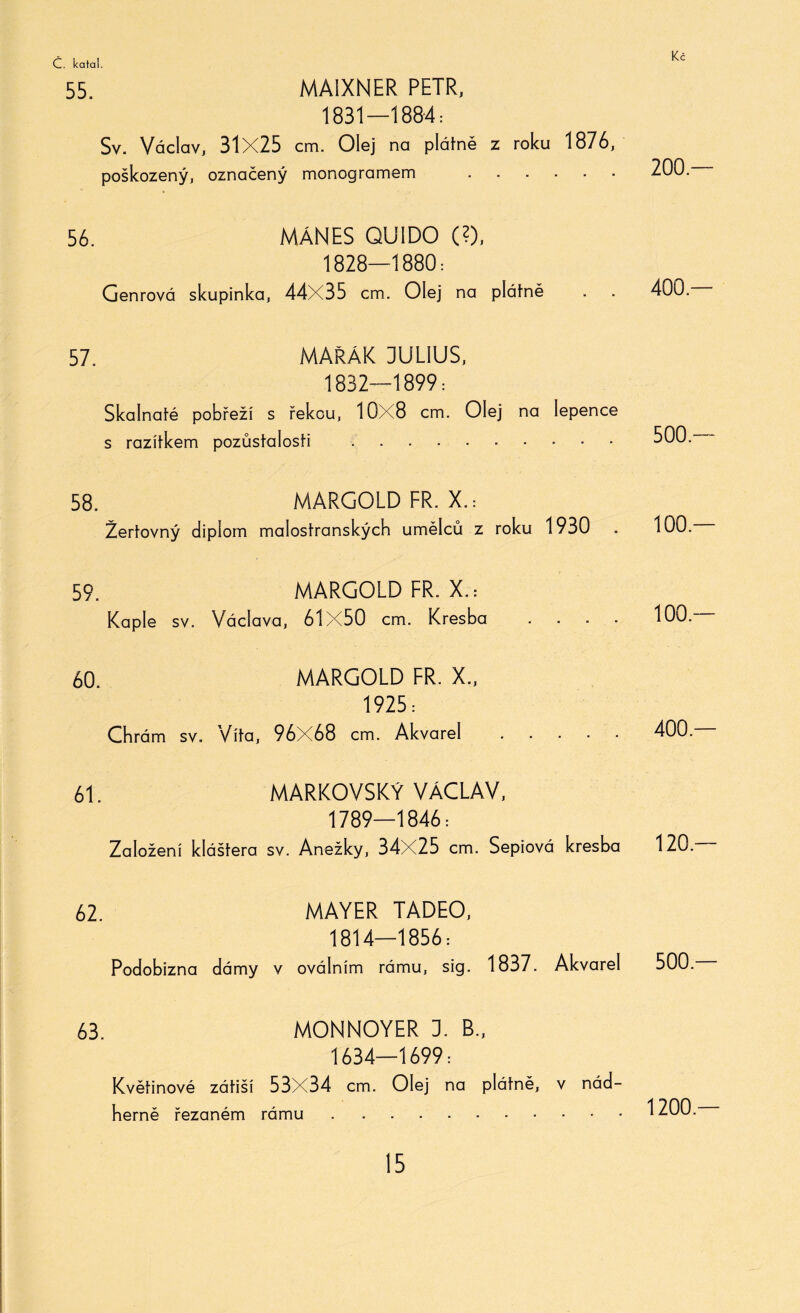 55. MAIXNER PETR, 1831—1884: Sv. Václav, 31X25 cm. Olej na plátně z roku 1876, poškozený, označený monogramem . 56. MÁNES QUIDO (?), 1828—1880: Genrová skupinka, 44X35 cm. Olej na plátně 57. MAŘÁK DULIUS, 1832—1899: Skalnaté pobřeží s řekou, 10X8 cm. Olej na lepence s razítkem pozůstalosti . 58. MARGOLD FR. X.: Žertovný diplom malostranských umělců z roku 1930 59. MARGOLD FR. X.: Kaple sv. Václava, 61X50 cm. Kresba . . . . 60. MARGOLD FR. X., 1925: Chrám sv. Víta, 96X68 cm. Akvarel . 61. MARKOVSKÝ VÁCLAV, 1789—1846: Založení kláštera sv. Anežky, 34X25 cm. Sépiová kresba 62. MAYER TADEO, 1814—1856: Podobizna dámy v oválním rámu, sig. 1837. Akvarel 63. MONNOYER 3. B„ 1634—1699: Květinové zátiší 53X34 cm. Olej na plátně, v nád¬ herně řezaném rámu. 200.— 400 — 500.— 100.— 100.— 400.— 120.— 500.— 1200 —
