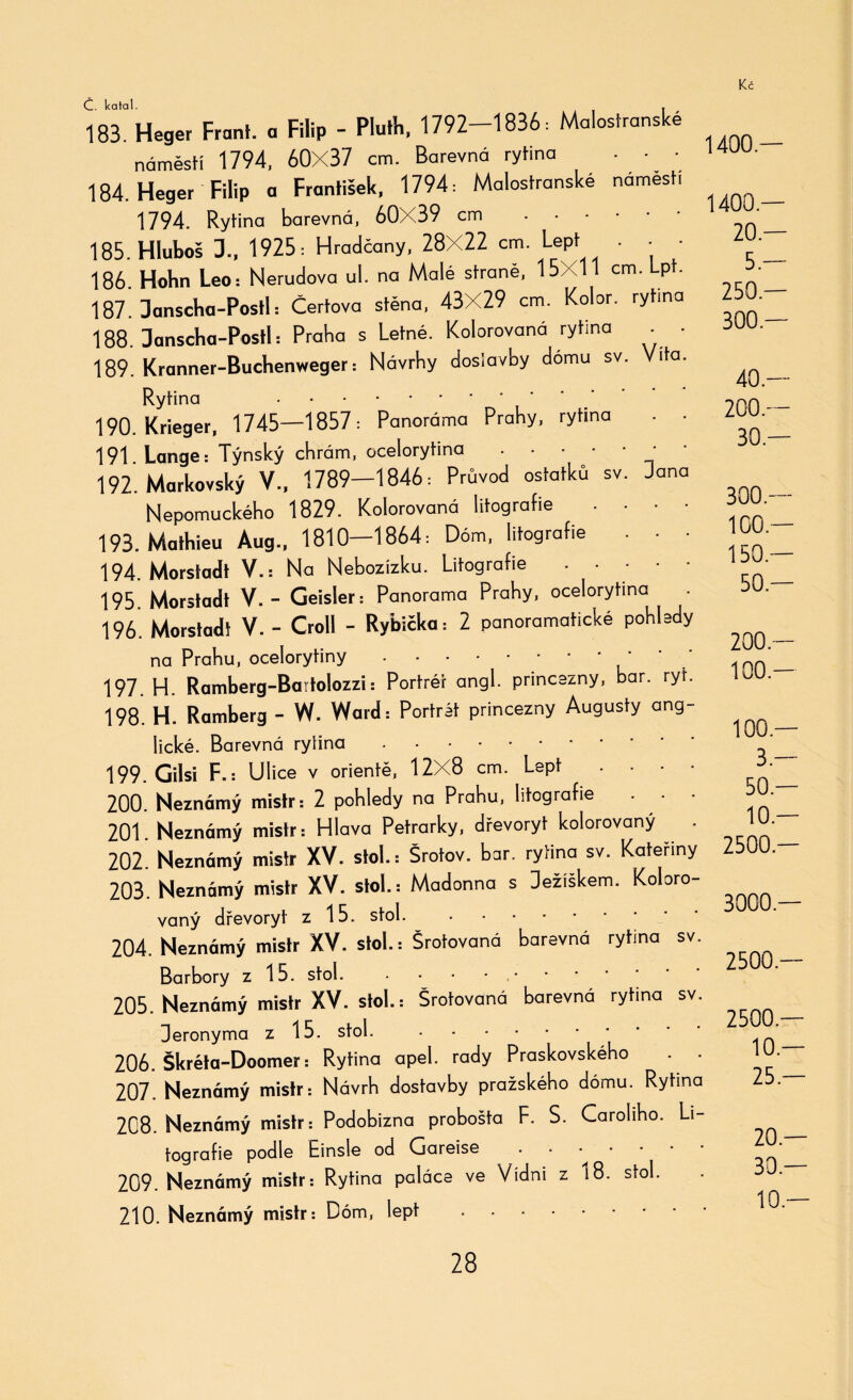 Č. kalal. . 183. Heger Front, a Filip - Pluth, 1792-1836: Malostranské náměstí 1794, 60X37 cm. Barevná rytina . • • 184. Heger Filip a František, 1794: Malostranské námesf, 1794. Rytina barevná, 60X39 cm . 185. Hluboš I, 1925: Hradčany, 28X22 cm. Lept . . • 186. Hohn Leo= Nerudova ul. na Malé straně, 15X11 cm. Lpt. 187. 3anscha-Postl: Čertova stěna, 43X29 cm. Kolor, rytina 188. Danscha-Postl: Praha s Letně. Kolorovaná rytina . - 189. Kranner-Buchenweger: Návrhy dostavby dómu sv. Víta. Rytina . 190. Krieger, 1745—1857: Panoráma Prahy, rytina 191 Lange: Týnský chrám, ocelorytina. 192. Markovský V., 1789—1846: Průvod ostatků sv. Jana Nepomuckého 1829. Kolorovaná litografie ■ 193. Mathieu Aug., 1810—1864: Dóm, litografie • ■ ■ 194. Morstadt V.: Na Nebozízku. Litografie ■ • 195. Morstadt V. - Geisler: Panorama Prahy, ocelorytina 196. Morstadt V. - Croll - Rybička: 2 panoramatické pohledy na Prahu, ocelorytiny. 197. H. Ramberg-Bartolozzi: Portrét angl. princezny, bar. ryt. 198. H. Ramberg - W. Ward: Portrét princezny Augusty ang- 1400- 1400.- 20.- 5.- 250.- 300.- 40.- 200.- 30.- 300.- 100. 150. 50. 200. 100. Iické. Barevná ryiina. 199. Gilsi F.: Ulice v orientě, 12X8 cm. Lept . ■ ■ ■ 200. Neznámý mistr-. 2 pohledy na Prahu, litografie ■ ■ ■ 201. Neznámý mistr: Hlava Petrarky, dřevoryt kolorovaný ^ . 202. Neznámý mistr XV. stol.: Šrotov. bar. rytina sv. Kateřiny 203. Neznámý mistr XV. stol.: Madonna s Ježíškem. Koloro¬ vaný dřevoryt z 15. stol. 204. Neznámý mistr XV. stol.: Šrotovaná barevná rytina sv. Barbory z 15. stol. 205. Neznámý mistr XV. stol.-. Šrotovaná barevná rytina sv. Jeronýma z 15. stol. . 206. Škréta-Doomer: Rytina apel. rady Praskovskeho . . 207. Neznámý mistr: Návrh dostavby pražského dómu. Rytina 208. Neznámý mistr: Podobizna probošta F. S. Caroliho. Li¬ tografie podle Einsle od Gareise. 209. Neznámý mistr: Rytina paláce ve Vídni z 18. stol. 210. Neznámý mistr: Dóm, lept . 3.— 50.— 10 — 2500.— 3000.— 2500.— 2500 — 10 — 25 — 20 — 30 — 10 —