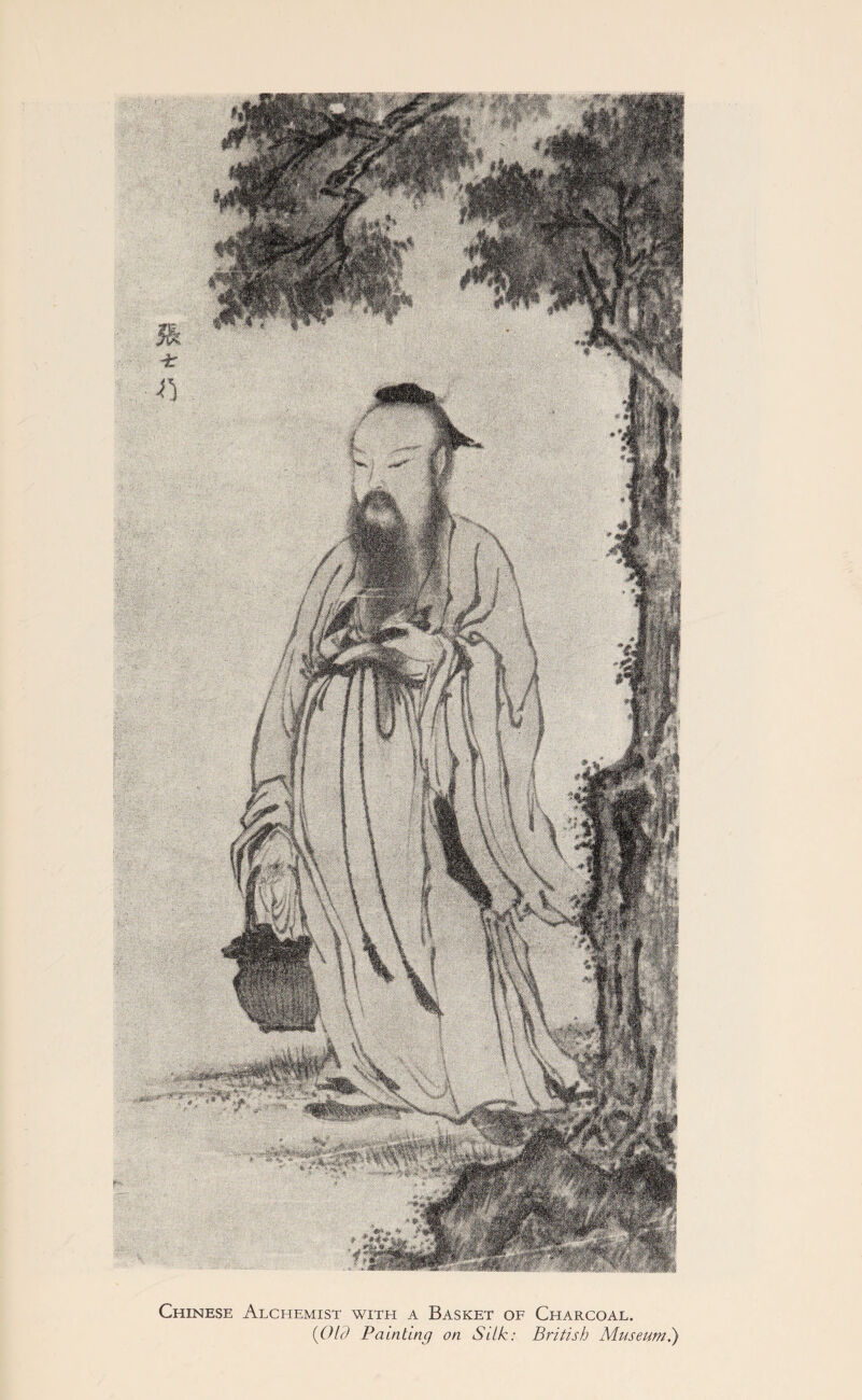 Chinese Alchemist with a Basket of Charcoal. {Old Painting on Silk: British Museum.)