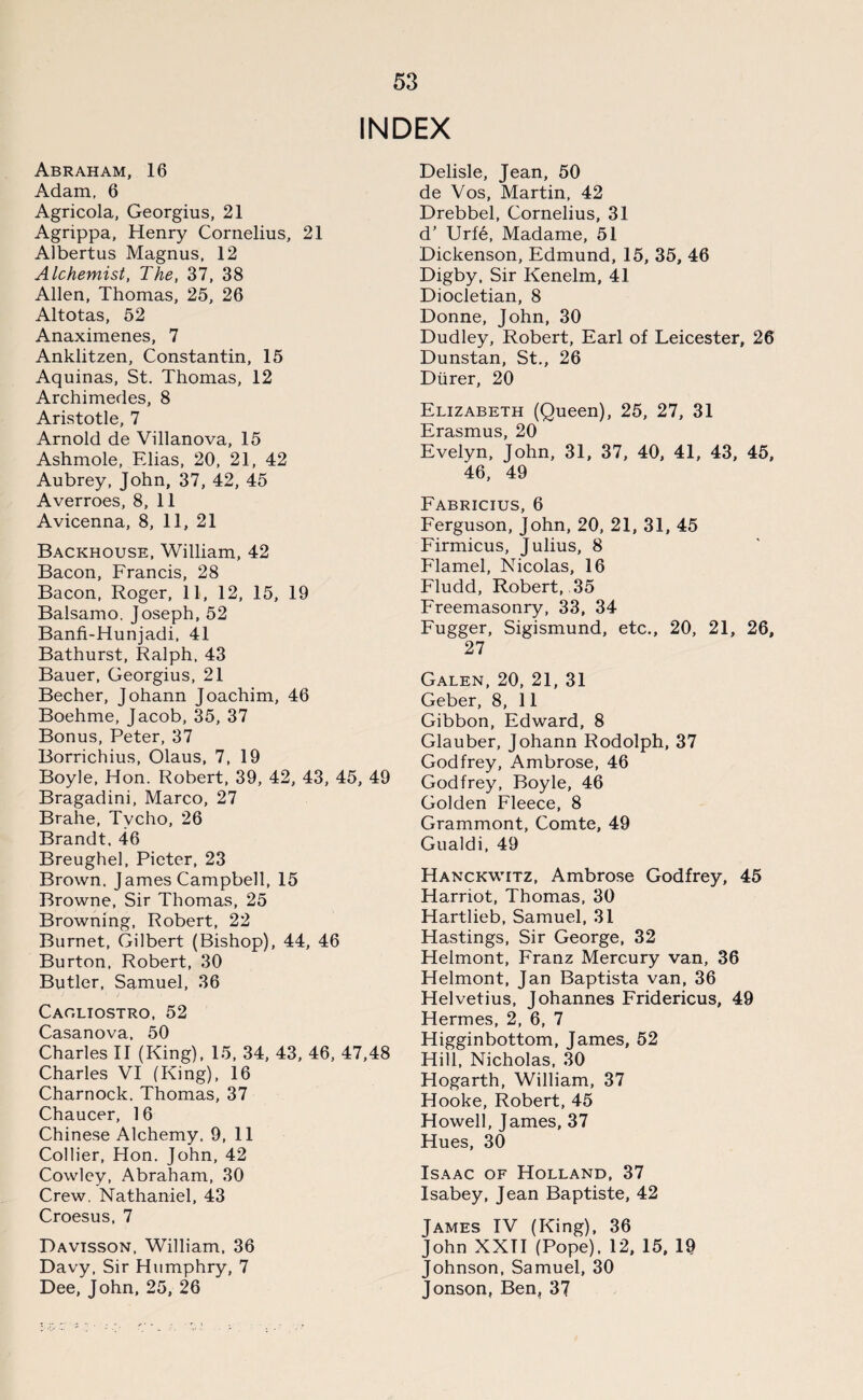 INDEX Abraham, 16 Adam, 6 Agricola, Georgius, 21 Agrippa, Henry Cornelius, 21 Albertus Magnus, 12 Alchemist, The, 37, 38 Allen, Thomas, 25, 26 Altotas, 52 Anaximenes, 7 Anklitzen, Constantin, 15 Aquinas, St. Thomas, 12 Archimedes, 8 Aristotle, 7 Arnold de Villanova, 15 Ashmole, Elias, 20, 21, 42 Aubrey, John, 37, 42, 45 Averroes, 8, 11 Avicenna, 8, 11, 21 Backhouse, William, 42 Bacon, Francis, 28 Bacon, Roger, 11, 12, 15, 19 Balsamo, Joseph, 52 Banfi-Hunjadi, 41 Bathurst, Ralph, 43 Bauer, Georgius, 21 Becher, Johann Joachim, 46 Boehme, Jacob, 35, 37 Bonus, Peter, 37 Borrichius, Olaus, 7, 19 Boyle, Hon. Robert, 39, 42, 43, 45, 49 Bragadini, Marco, 27 Brahe, Tycho, 26 Brandt. 46 Breughel, Pieter, 23 Brown. James Campbell, 15 Browne, Sir Thomas, 25 Browning, Robert, 22 Burnet, Gilbert (Bishop), 44, 46 Burton, Robert, 30 Butler, Samuel, 36 Cagliostro, 52 Casanova, 50 Charles II (King), 15, 34, 43, 46, 47,48 Charles VI (King), 16 Charnock. Thomas, 37 Chaucer, 16 Chinese Alchemy. 9, 11 Collier, Hon. John, 42 Cowley, Abraham, 30 Crew. Nathaniel, 43 Croesus, 7 Davisson, William. 36 Davy, Sir Humphry, 7 Dee, John, 25, 26 Delisle, Jean, 50 de Vos, Martin, 42 Drebbel, Cornelius, 31 d’ Urfe, Madame, 51 Dickenson, Edmund, 15, 35, 46 Digby, Sir Kenelm, 41 Diocletian, 8 Donne, John, 30 Dudley, Robert, Earl of Leicester, 26 Dunstan, St., 26 Diirer, 20 Elizabeth (Queen), 25, 27, 31 Erasmus, 20 Evelyn, John, 31, 37, 40, 41, 43, 45, 46, 49 Fabricius, 6 Ferguson, John, 20, 21, 31, 45 Firmicus, Julius, 8 Flamel, Nicolas, 16 Fludd, Robert, 35 Freemasonry, 33, 34 Fugger, Sigismund, etc., 20, 21, 26, 27 Galen, 20, 21, 31 Geber, 8, 11 Gibbon, Edward, 8 Glauber, Johann Rodolph, 37 Godfrey, Ambrose, 46 Godfrey, Boyle, 46 Golden Fleece, 8 Grammont, Comte, 49 Gualdi, 49 Hanckwitz, Ambrose Godfrey, 45 Harriot, Thomas, 30 Hartlieb, Samuel, 31 Hastings, Sir George, 32 Helmont, Franz Mercury van, 36 Helmont, Jan Baptista van, 36 Helvetius, Johannes Fridericus, 49 Hermes, 2, 6, 7 Higginbottom, James, 52 Hill, Nicholas, 30 Hogarth, William, 37 Hooke, Robert, 45 Howell, James, 37 Hues, 30 Isaac of Holland, 37 Isabey, Jean Baptiste, 42 James IV (King), 36 John XXII (Pope), 12, 15, 19 Johnson, Samuel, 30 Jonson, Ben, 37