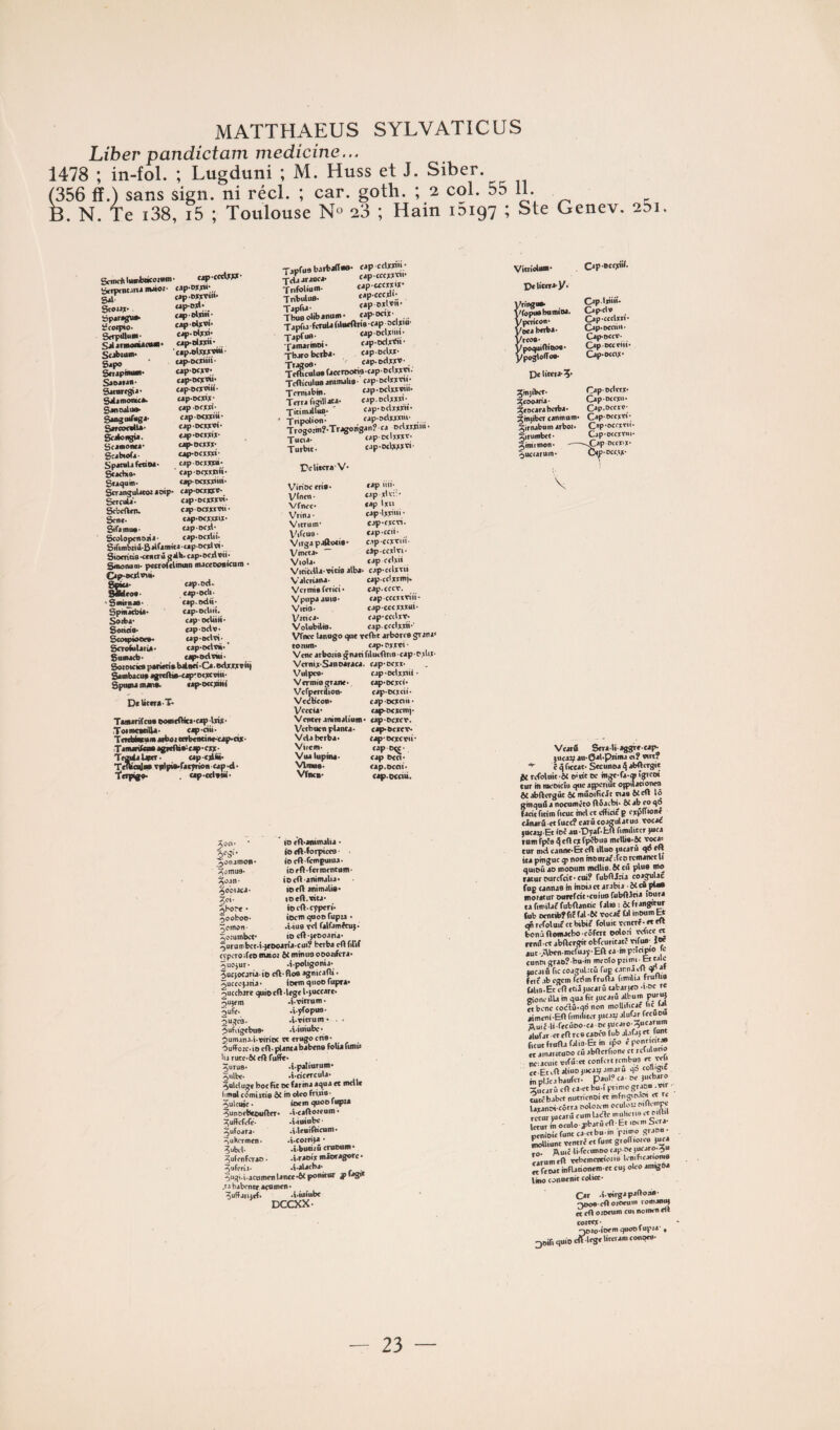 Liber pandictam medicine... 1478 ; in-fol. ; Lugduni ; M. Huss et J. Siber. (356 ff.) sans sign. ni réel. ; car. goth. ; 2 col. 55 11. B. N. Te i38, i5 ; Toulouse N« 23 ; Hain 15197 ; Ste Genev. 2M. ScrociiliiinbacoiiMn- cap-rttUr^- ixqfxiitani Stouj- iscMpio- SerpiUuW- SjtJnnoaUcMl Scjbuw S«J>o ScupiMM- SwOTtÿl' S^jinonu*. S«nailii» Seiko 1^. ScimoiiM- SeibioTi ■ SckHo* Stiqum cjp-oxjtriii- ap'0)(l‘ fjp-okpn- cip-elpvi' c^p-oûli' cip-olppti* cip^lww*' up-D«iiii' op-o<iv* op-oc)[tiii> cjp'OOtoiii- Mp-D<)rij[' cjp ofxji' cap’DCXIciU' cipocwoi- «jp'Otxxix- cj^oew- cap-Dcxn»' cjp.sc):)rpi; ■ cip-oot*)t>«* cjp'Dcmüu* îitiqum- Sn-insolitonoip- cip-ocx»o- SercuU'- cap-ocxxxw- Scbcfteia. eapoaxiCTi- Scn«. cap-oexwix- Siramoa- capocxl- Scalopcnsaia' cap-ocxlii- Stfimbaiil'B aifamica • cap-ocyl vi • StocrioB <«* tr U galti-cap'Ocjl pii • Smonuah pcwolclowin mjccoiwiicoiii * lË. Sniraaa- Spinâebia- Soiba* Sonde- Scotpteoc». ScTt^UtU Sunacb cap-od- cap-CKl>' eap.iKlti- cap-ocliii. cap-ocUin- cap-odv- cap-nclTi- cap-oclvü- cap*oclpiu- Sunacb- cap*oft»iu- SotDicice pMwciubâaci-Ca.DdxxxTui Sambacup agT(fti>-cap*Dcxtnit- Spona nanb- tap-occjeMii D* U«r»-T* Tanarifenu oo«e(Hca-cap;lri*- ToanKbBUa- eap-dü- TniMutum aiboa orbcndiM-cap-cù- TttmVtm agaciVuicap-cxx • Ttsialapr- cap-ediii. T^odua TptpW'racpnoncap-cl- Topige- , cap-ctl»li<- Tapfuabarbaffue- cap ccUxi'l; l^araoca- cap-cccxxw- Tnfoliuin- tap-«c« % Tdbulue. Tapfta- capoxlT.1- Tbuoolibanun- cap-octx- Tapfia fcrula filotftriB cap^oclxm- Ta^ue- <ap.odxi»i- famarinoi- cap-t>dx*i- Tbaroberba- capocjxx- Traffoe- cap-odwP- TcfticuluB awnulia -cap- oclxx'ni- Tcmiabin. cap-otlwn»- Terra figill ata- cap.Dclxxx'-, TitimalluB- ' cap-BclWH- ' Tnpdion- cap-odjxxm- , , Trogozinî-Tragorigan? ca oclwpm • Xucia- cap ccljwc- Turbit- cap-oclxxx’n' t'cUacraV- Virioc crie- Vil'en- Vfncc- Vrina • Vicruin- Vifeue- Vitgapaftoeie* Vncta- Viola cap iiii- cap x'v;:- «ajj Ixn cap-lrri»'’ cap-crcii- cap-ccii- capeexTiii- cip-ccxlïi- , cap edrii ViricdU-vitie alba- cap-cdxTii Valcriana- capcdxrni). VcriTiie fcrici Vpiipa auie- Viria- Vrcica- Volobilie. cap.cccr. capcccrcTÜi- capcccxxxui- cap-ccdxv- cap. ccdxxii-' Vfncc lanogo cpie vcfht arbores grana* conim- cap-nxxïi- Vcnc arboiis gnari filucflns ■ cap ■ Pxbx- Vcrnix-Sanoaraca. cap-oexx- Volpcs Vcrmiogranc-, Vcfpcrcilion- Veibeon- Vectia- Venter aninalium Verbuen plancj- Vdabtrba- Viicm- Vua lupini- Vlnwe- VfncB' cap-Dclxx>ii - cap-scxci- cap-eexcii- capeanii- cajf>-t>cxcnij- cap'bcxcv. c^Bcxcve- cap-ocxcTii- taptuj- cap octi- cap.Dccii- cap-occiii. Xoa- ■ ' 10 cft-ammalia • Acgi'- toeft-lorpices- ■ ;^onamoil- iocOrctnpuiaa. :^cmu3- iorft-fctnicntum- ^oan- ioeftanimalia- ■ ;ÿociaca- locft animalie- i^oi- lotft.nu- :5bore • ioeft-cyperi- 5ooboo- ioern cjuob fupu • tjomon ■ -i-iue vd ralfainhu}- 5o;umbcf io cft-jcooaria- ^uruirbct-i-jcDcaria-cui? fccrba cftWif cypcroifeo maioî ô{ miniis ooonfera- 5u0)ur- .i-poligonia- 5ec}ocaria' te cft- flœ agnicadi - ^ucccjaria- iormguoofupfa* ^uccbarc quie dl -Icgc l-juccare- ^uyem .i-vitrum- oufe- .i-yfopu9- ♦i.vitrum • . » 6uf^ig<bu0» .i.iuiubc ♦ $umanJ«i*vmoc tt efugo crie» ^uffozeuo cft* planta babena foUafuni* hi rutC'ôi cftfuffe* ^urus* .i.palîurum* ^iilbe- .i-cicercula- ^ulctugc bocfit oc farina aqua et mcile (imirf cômixtie ÔC in olcofn;:i9‘ ^ulcuie • locin quoo lupiâ ^unocbtouftcr» .i*cafto«coni • li^uffcfrfé' .i-iuiobe* i^ufoara- .î-Uttiftenm* ^ukcrmcn* .î.coirija • i^ubcl- .i.bumû cnioom* ^utenferao • .i-raoi’y miocagorc * ^ufcriJ- «i-alarba» ^iigi-i-acuroen lance •ÔCponkBr jpfagit habcncr.acttmcn* ^uffaruef» .i.iuiubc DCCXX* Vicridun- Cap-»ctxiif- Pelicera-y. /ringu* ./ropuebumioa. ' /pericon* ^ /oc4 berbâ» 7rco«- '/poquiflio^* ypoÿoffou* Cjp'lxiiii- op’fiv OP’txnin* Cip*o«V‘ Opnw Op*wu;c* Pc liccM*?* 2înjftN.T. Opocitrx' IZeocarabeiba- Cap.oecxe* 2ni)ibcT canmam- Cap-Bccxxi- Xiriubum arboi- Op-oetxx ârumbet- Cap-otexem Ximrmon- --'.^p Bcci-x- ^ueiaruin- Ot^-oeevx- V VcarS Scra-liaggrc-cai^ )uca^au'0al<paiina ci? wit? c q ficeat- Secunoa ^ abftergit dbluit-ôl oitit oc in^-fa-qi igrco» in racoicis que ajpcriût ojpilationes bftergüc 6c mûoificât naa ôccu lô quû a nocumeto ftôacbi- ài- ab eo qS t firim fieuc md et efficie p expITioné jrS et fucc? earû coagulatoa roca€ anEt ioê au-Dyaf-fcft fimilitcr pica n fpJe ^ ef» ex fpebue mdüo-St voc^ md canne-Eteft illuo jucarû qo e« priiguc g) non inoorat deorcinanecu iBu ao moouni mdlio. ôt ciî plue nio urourcfcit-cui? fubdjria coagnlat J cannas in niDiactarabia Stcû pUe iMturDurtfcit-cniusfubftJtia îoura ftmilat fubOantic falis : & frangitur J tienrib?Wfal -6: vocat fal inoum & refoluif et bibit foluic ventré- et fil -niftemacbo côfert oolori rdice « ni!-et abftergit obfcutitatî xifi»; 1» it-,Aben nicfuay-Eftca inp;tcipo Je mm grao? bu-in mcolo primi- Et caiû fie coagiil.'.tû fup car.nâ cft qP « rc ab egem fetim frufla fimilia frutlie liS-Etcnetiâjucarûtabarjto-i oc r* onc au in qua fit jucatû album purii} bene cocîlû'qonon moUificac C^'ai mcni-Efl fimiliter jucaty alufar fecuou luic li ftcûBO ca Dcjucato-^ocarum lofar et cd tes caBco (ub alafa} et funt eut froda falia-Et in ipo ê pontiot» : amantuBO cü abderfione et rcfuluoo c-.aeuit oifü:et confcrtrcnibus et xeU e Etcdatiuociicaxiamaru qo comgic , plâtabaufer- paulf ca- ce jucbaro Cucarû cd ca-et bu-t pnmograou .wr utebabet nutricnni et mfrgiBatn et te axanoi côtra Boloîim oculou t-idcmpc ctur tucarû cum lacle mutici lu et c'dil ctur hi oculo jbatûed Et lomi Sera- jeniBie funt ta ct bu m puwo graao- nolliunt «ntré et funt gioifiojes juea fO. Auie lifccunoo capoe )uearo-?u rarumtd tebementtonu Um.ficat.ome re fttut HifUrionem et eu} oleo am^na lino cannenit eoliec- Car .i-nirgapadoii»- Qooe-cdoioeuni roiuaniq ^^edoiDcum cuinomenert (0Xtf% • ^tO'iocmquoOïupM- , 30ifi quio ciHege Uteram conges-