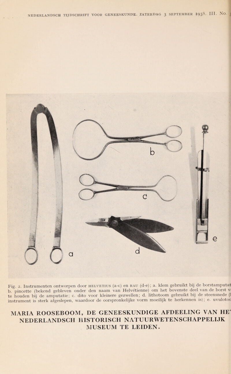 Fig. 2. Instrumenten ontworpen door helvetius (a-c) en rau (d-e); a. klem gebruikt bij de borstamputat b. pincette (bekend gebleven onder den naam van Helvetienne) om het bovenste deel van de borst v; te houden bij de amputatie; c. dito voor kleinere gezwellen; d. lithotoom gebruikt bij de steensnede (1 instrument is sterk afgeslepen, waardoor de oorspronkeiijke vorm moeilijk te herkennen is); e. uvulotoo MARIA ROOSEBOOM, DE GENEESKUND1GE AFDEELING VAN HE NEDERLANDSCH RISTORISCH NATUURWETENSCHAPPELIJK