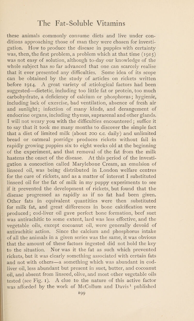 these animals commonly consume diets and live under con¬ ditions approaching those of man they were chosen for investi¬ gation. How to produce the disease in puppies with certainty was, then, the first problem, a problem which at that time (1915) was not easy of solution, although to-day our knowledge of the whole subject has so far advanced that one can scarcely realise that it ever presented any difficulties. Some idea of its scope can be obtained by the study of articles on rickets written before 1914. A great variety of aetiological factors had been suggested—dietetic, including too little fat or protein, too much carbohydrate, a deficiency of calcium or phosphorus; hygienic, including lack of exercise, bad ventilation, absence of fresh air and sunlight; infection of many kinds, and derangement of endocrine organs, including thymus, suprarenal and other glands. I will not weary you with the difficulties encountered ; suffice it to say that it took me many months to discover the simple fact that a diet of limited milk (about 200 c.c. daily) and unlimited bread or oatmeal porridge produces rickets without fail in rapidly growing puppies six to eight weeks old at the beginning of the experiment, and that removal of the fat from the milk hastens the onset of the disease. At this period of the investi¬ gation a concoction called Marylebone Cream, an emulsion of linseed oil, was being distributed in London welfare centres for the cure of rickets, and as a matter of interest I substituted linseed oil for the fat of milk in my puppy experiments to see if it prevented the development of rickets, but found that the disease progressed as rapidly as if no fat had been given. Other fats in equivalent quantities were then substituted for milk fat, and great differences in bone calcification were produced ; cod-liver oil gave perfect bone formation, beef suet was antirachitic to some extent, lard was less effective, and the vegetable oils, except cocoanut oil, were generally devoid of antirachitic action. Since the calcium and phosphorus intake of all the animals in a given series was the same, it was obvious that the amount of these factors ingested did not hold the key to the situation. Nor was it the fat as such which prevented rickets, but it was clearly something associated with certain fats and not with others—a something which was abundant in cod- liver oil, less abundant but present in suet, butter, and cocoanut oil, and absent from linseed, olive, and most other vegetable oils tested (see Fig. 1). A clue to the nature of this active factor was afforded by the work of McCollum and Davis1 published *99