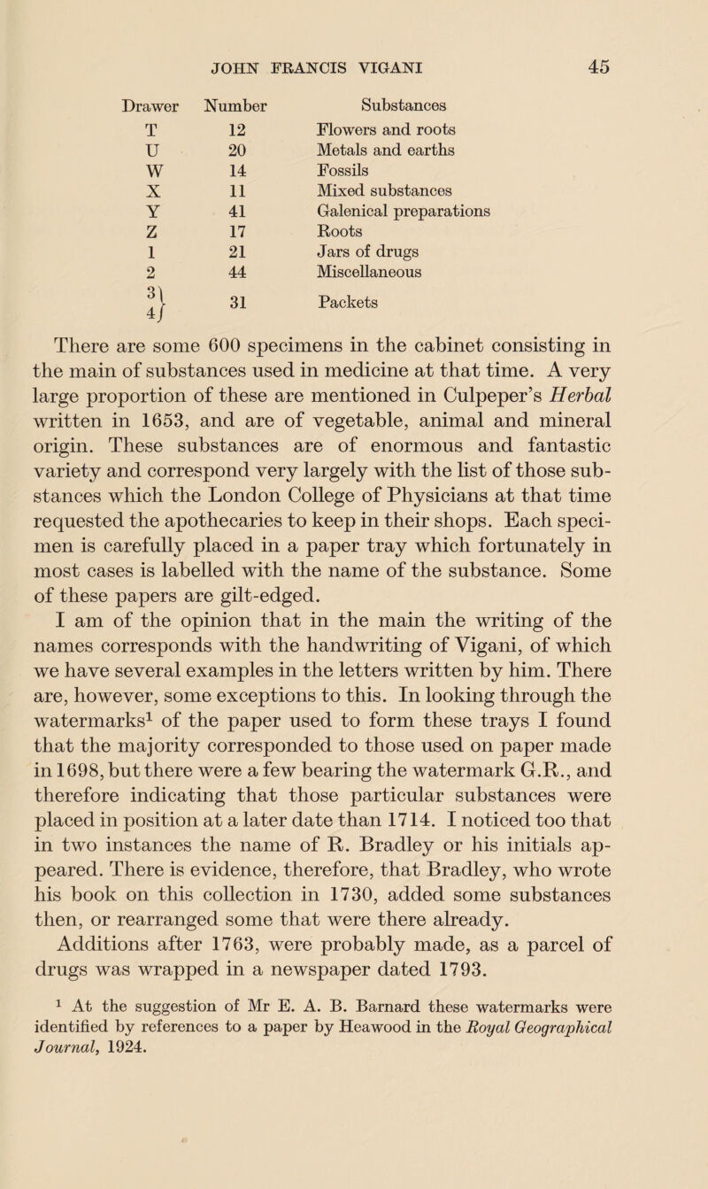 Drawer Number Substances T 12 Flowers and roots U 20 Metals and earths W 14 Fossils X 11 Mixed substances Y 41 Galenical preparations Z 17 Roots 1 21 Jars of drugs 2 44 Miscellaneous 31 4/ 31 Packets There are some 600 specimens in the cabinet consisting in the main of substances used in medicine at that time. A very large proportion of these are mentioned in Culpeper’s Herbal written in 1653, and are of vegetable, animal and mineral origin. These substances are of enormous and fantastic variety and correspond very largely with the list of those sub¬ stances which the London College of Physicians at that time requested the apothecaries to keep in their shops. Each speci¬ men is carefully placed in a paper tray which fortunately in most cases is labelled with the name of the substance. Some of these papers are gilt-edged. I am of the opinion that in the main the writing of the names corresponds with the handwriting of Vigani, of which we have several examples in the letters written by him. There are, however, some exceptions to this. In looking through the watermarks1 of the paper used to form these trays I found that the majority corresponded to those used on paper made in 1698, but there were a few bearing the watermark G.R., and therefore indicating that those particular substances were placed in position at a later date than 1714. I noticed too that in two instances the name of R. Bradley or his initials ap¬ peared. There is evidence, therefore, that Bradley, who wrote his book on this collection in 1730, added some substances then, or rearranged some that were there already. Additions after 1763, were probably made, as a parcel of drugs was wrapped in a newspaper dated 1793. 1 At the suggestion of Mr E. A. B. Barnard these watermarks were identified by references to a paper by Heawood in the Royal Geographical Journal, 1924.