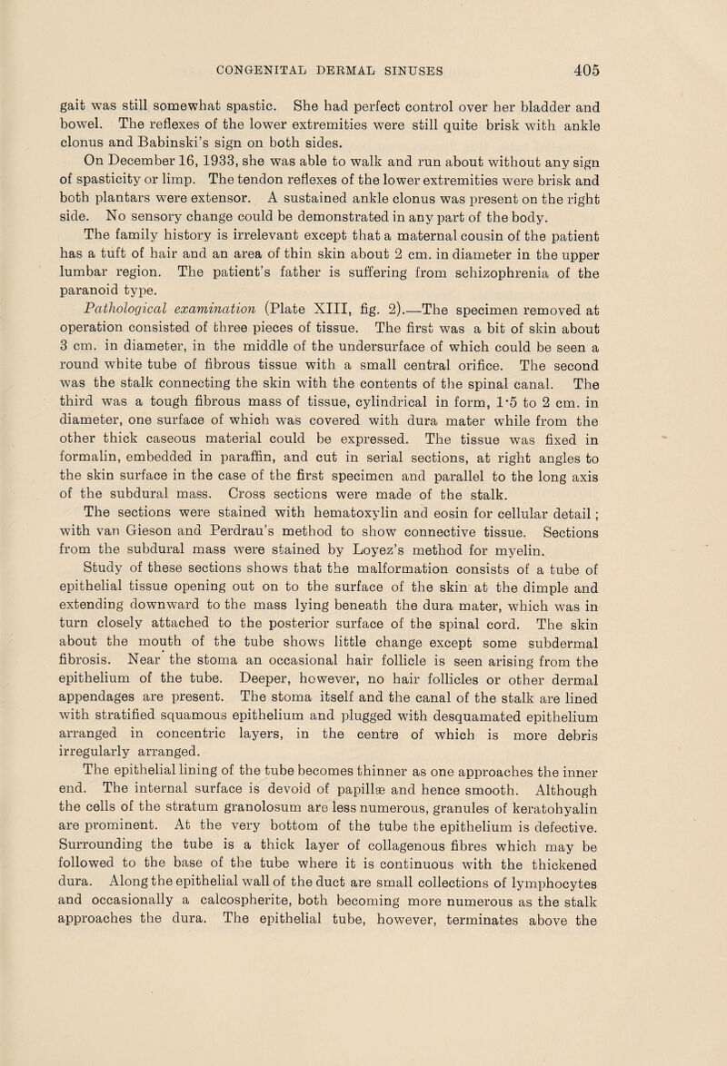 gait was still somewhat spastic. She had perfect control over her bladder and bowel. The reflexes of the lower extremities were still quite brisk with ankle clonus and Babinski’s sign on both sides. On December 16, 1933, she was able to walk and run about without any sign of spasticity or limp. The tendon reflexes of the lower extremities were brisk and both plantars were extensor. A sustained ankle clonus was present on the right side. No sensory change could be demonstrated in any part of the body. The family history is irrelevant except that a maternal cousin of the patient has a tuft of hair and an area of thin skin about 2 cm. in diameter in the upper lumbar region. The patient’s father is suffering from schizophrenia of the paranoid type. Pathological examination (Plate XIII, fig. 2).—The specimen removed at operation consisted of three pieces of tissue. The first was a bit of skin about 3 cm. in diameter, in the middle of the undersurface of which could be seen a round white tube of fibrous tissue with a small central orifice. The second was the stalk connecting the skin with the contents of the spinal canal. The third was a tough fibrous mass of tissue, cylindrical in form, 1*5 to 2 cm. in diameter, one surface of which was covered with dura mater while from the other thick caseous material could be expressed. The tissue was fixed in formalin, embedded in paraffin, and cut in serial sections, at right angles to the skin surface in the case of the first specimen and parallel to the long axis of the subdural mass. Cross sections were made of the stalk. The sections were stained with hematoxylin and eosin for cellular detail; with van Gieson and Perdrau’s method to show connective tissue. Sections from the subdural mass were stained by Loyez’s method for myelin. Study of these sections shows that the malformation consists of a tube of epithelial tissue opening out on to the surface of the skin at the dimple and extending downward to the mass lying beneath the dura mater, which was in turn closely attached to the posterior surface of the spinal cord. The skin about the mouth of the tube shows little change except some subdermal fibrosis. Near the stoma an occasional hair follicle is seen arising from the epithelium of the tube. Deeper, however, no hair follicles or other dermal appendages are present. The stoma itself and the canal of the stalk are lined with stratified squamous epithelium and plugged with desquamated epithelium arranged in concentric layers, in the centre of which is more debris irregularly arranged. The epithelial lining of the tube becomes thinner as one approaches the inner end. The internal surface is devoid of papillae and hence smooth. Although the cells of the stratum granolosum are less numerous, granules of keratohyalin are prominent. At the very bottom of the tube the epithelium is defective. Surrounding the tube is a thick layer of collagenous fibres which may be followed to the base of the tube where it is continuous with the thickened dura. Along the epithelial wall of the duct are small collections of lymphocytes and occasionally a calcospherite, both becoming more numerous as the stalk approaches the dura. The epithelial tube, however, terminates above the