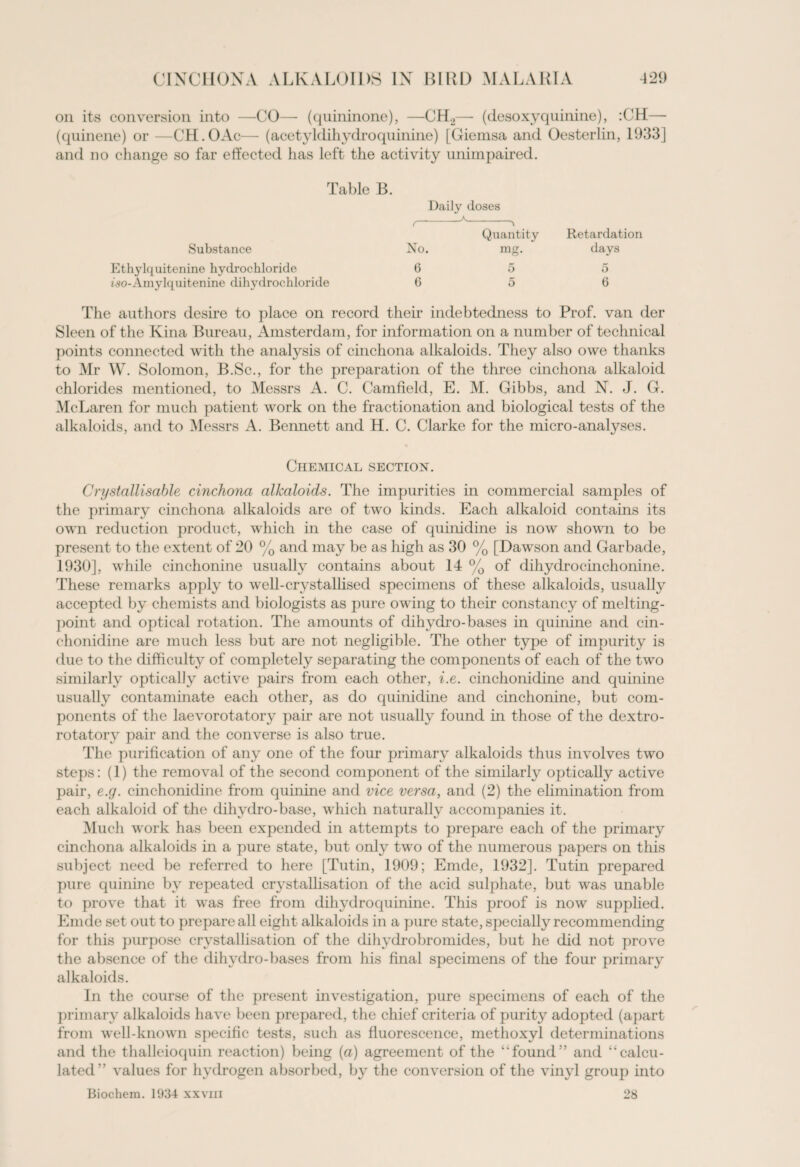 on its conversion into —CO— (quininone), —CH2— (desoxyquinine), :CH— (quinene) or —CH.OAc— (acetyldihydroquinine) [Giemsa and Oesteriin, 1933] and no change so far effected has left the activity unimpaired. Table B. Daily do3es r-■—A-\ Quantity Retardation Substance No. mg. days Ethylquitenine hydrochloride 6 5 5 /so-Amylquitenine dihydrochloride 6 5 6 The authors desire to place on record their indebtedness to Prof, van der Sleen of the Kina Bureau, Amsterdam, for information on a number of technical points connected with the analysis of cinchona alkaloids. They also owe thanks to Mr W. Solomon, B.Sc., for the preparation of the three cinchona alkaloid chlorides mentioned, to Messrs A. C. Camfield, E. M. Gibbs, and N. J. G. McLaren for much patient work on the fractionation and biological tests of the alkaloids, and to Messrs A. Bennett and H. C. Clarke for the micro-analyses. Chemical section. Crystallisable cinchona alkaloids. The impurities in commercial samples of the primary cinchona alkaloids are of two kinds. Each alkaloid contains its own reduction product, which in the case of quinidine is now shown to be present to the extent of 20 % and may be as high as 30 % [Dawson and Gar bade, 1930], while cinchonine usually contains about 14 % of dihydrocinchonine. These remarks apply to well-crystallised specimens of these alkaloids, usually accepted by chemists and biologists as pure owing to their constancy of melting- point and optical rotation. The amounts of dihydro-bases in quinine and cin- chonidine are much less but are not negligible. The other type of impurity is due to the difficulty of completely separating the components of each of the two similarly optically active pairs from each other, i.e. cinchonidine and quinine usually contaminate each other, as do quinidine and cinchonine, but com¬ ponents of the laevorotatory pair are not usually found in those of the dextro¬ rotatory pair and the converse is also true. The purification of any one of the four primary alkaloids thus involves two steps: (1) the removal of the second component of the similarly optically active pair, e.g. cinchonidine from quinine and vice versa, and (2) the elimination from each alkaloid of the dihydro-base, which naturally accompanies it. Much work has been expended in attempts to prepare each of the primary cinchona alkaloids in a pure state, but only two of the numerous papers on this subject need be referred to here [Tutin, 1909; Emde, 1932]. Tutin prepared pure quinine by repeated crystallisation of the acid sulphate, but was unable to prove that it was free from dihydroquinine. This proof is now supplied. Emde set out to prepare all eight alkaloids in a pure state, specially recommending for this purpose crystallisation of the dihydrobromides, but he did not prove the absence of the dihydro-bases from his final specimens of the four primary alkaloids. In the course of the present investigation, pure specimens of each of the primary alkaloids have been prepared, the chief criteria of purity adopted (apart from well-known specific tests, such as fluorescence, methoxyl determinations and the thalleioquin reaction) being (a) agreement of the ‘'found” and “calcu¬ lated” values for hydrogen absorbed, by the conversion of the vinyl group into Biochem. 1934 xxvm 28