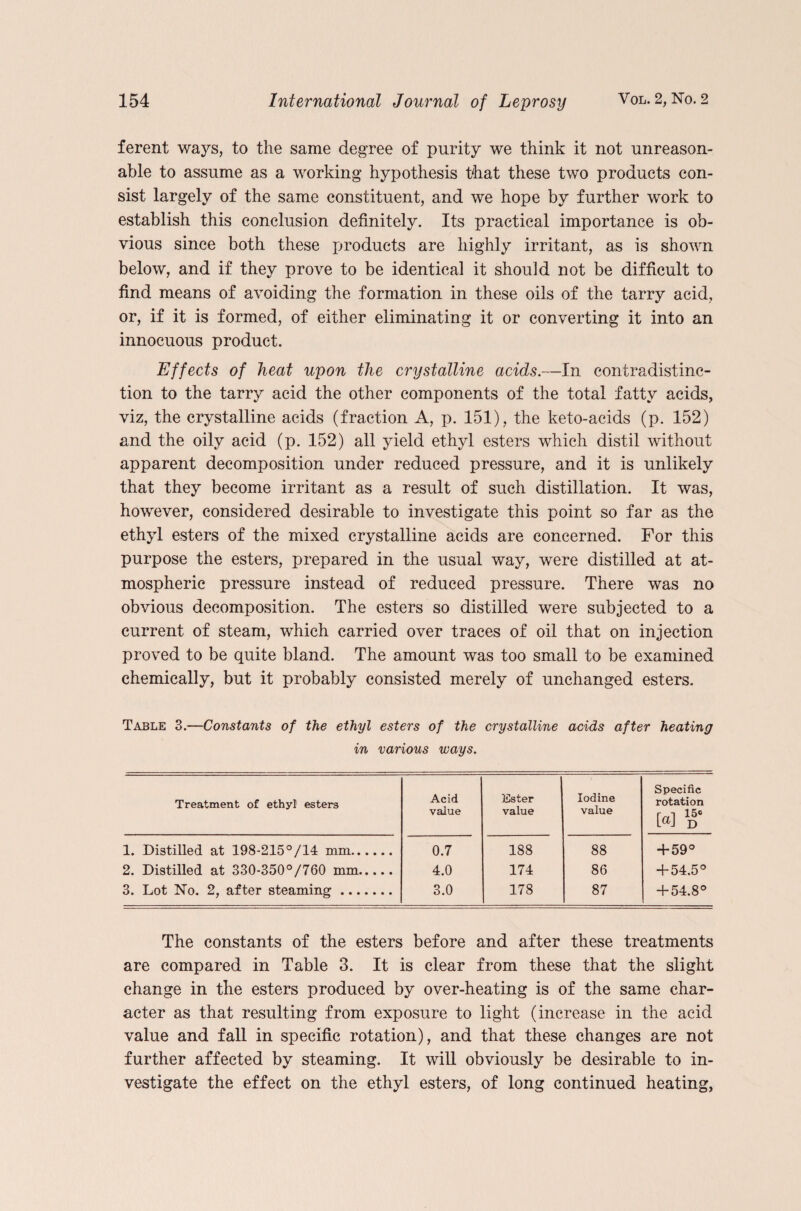 ferent waj^s, to the same degree of purity we think it not unreason¬ able to assume as a working hypothesis that these two products con¬ sist largely of the same constituent, and we hope by further work to establish this conclusion definitely. Its practical importance is ob¬ vious since both these products are highly irritant, as is shown below, and if they prove to be identical it should not be difficult to find means of avoiding the formation in these oils of the tarry acid, or, if it is formed, of either eliminating it or converting it into an innocuous product. Effects of heat upon the crystalline acids.—In contradistinc¬ tion to the tarry acid the other components of the total fatty acids, viz, the crystalline acids (fraction A, p. 151), the keto-acids (p. 152) and the oily acid (p. 152) all yield ethyl esters which distil without apparent decomposition under reduced pressure, and it is unlikely that they become irritant as a result of such distillation. It was, however, considered desirable to investigate this point so far as the ethyl esters of the mixed crystalline acids are concerned. For this purpose the esters, prepared in the usual way, were distilled at at¬ mospheric pressure instead of reduced pressure. There was no obvious decomposition. The esters so distilled were subjected to a current of steam, which carried over traces of oil that on injection proved to be quite bland. The amount was too small to be examined chemically, but it probably consisted merely of unchanged esters. Table 3.—Constants of the ethyl esters of the crystalline acids after heating in various ways. Treatment of ethyl esters Acid value Ester value Iodine value Specific rotation M 1. Distilled at 198-215°/14 mm. 0.7 188 88 +59° 2. Distilled at 330-350°/760 mm. 4.0 174 86 + 54.5° 3. Lot No. 2, after steaming. 3.0 178 87 + 54.8° The constants of the esters before and after these treatments are compared in Table 3. It is clear from these that the slight change in the esters produced by over-heating is of the same char¬ acter as that resulting from exposure to light (increase in the acid value and fall in specific rotation), and that these changes are not further affected by steaming. It will obviously be desirable to in¬ vestigate the effect on the ethyl esters, of long continued heating,
