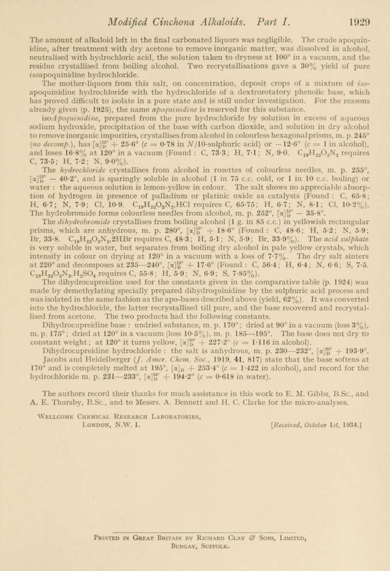 The amount of alkaloid left in the final carbonated liquors was negligible. The crude apoquin- idine, after treatment with dry acetone to remove inorganic matter, was dissolved in alcohol, neutralised with hydrochloric acid, the solution taken to dryness at 100° in a vacuum, and the residue crystallised from boiling alcohol. Two recrystallisations gave a 30% yield of pure fsoapoquinidine hydrochloride. The mother-liquors from this salt, on concentration, deposit crops of a mixture of iso- apoquinidine hydrochloride with the hydrochloride of a dextrorotatory phenolic base, which has proved difficult to isolate in a pure state and is still under investigation. For the reasons already given (p. 1925), the name apoquinidine is reserved for this substance. iso Apoquinidine, prepared from the pure hydrochloride by solution in excess of aqueous sodium hydroxide, precipitation of the base with carbon dioxide, and solution in dry alcohol to remove inorganic impurities, crystallises from alcohol in colourless hexagomilprisms, m. p. 245° (no dccomp.), has [a]™ + 25-6° (c = 0-78 in iV/10-sulphuric acid) or —12-6° (c = 1 in alcohol), and loses 16-8% at 120° in a vacuum (Found : C, 73-3; H, 7T ; N, 9-0. C19H2202N2 requires C, 73-5; H, 7-2; N, 9-0%). The hydrochloride crystallises from alcohol in rosettes of colourless needles, m. p. 255°, [a]if — 40-2°, and is sparingly soluble in alcohol (1 in 75 c.c. cold, or 1 in 10 c.c. boiling) or water : the aqueous solution is lemon-yellow in colour. The salt shows no appreciable absorp¬ tion of hydrogen in presence of palladium or platinic oxide as catalysts (Found : C, 65*8; H, 6-7; N, 7-9; Cl, 10-9. C10H22O2N2,HC1 requires C, 65-75; H, 6-7; N, 8-1; Cl, 10-2%). The hydrobromide forms colourless needles from alcohol, m. p. 252°, [a]^° — 35-8°. The dihydrobromide crystallises from boiling alcohol (1 g. in 85 c.c.) in yellowish rectangular prisms, which are anhydrous, m. p. 280°, [a]p° + 18-6° (Found : C, 48-6; H, 5-2; N, 5-9; Br, 33-8. C19H2202N2,2HBr requires C, 48-3; H, 5-1; N, 5-9; Br, 33-9%). The acid sulphate is very soluble in water, but separates from boiling dry alcohol in pale yellow crystals, which intensify in colour on drying at 120° in a vacuum with a loss of 7-7%. The dry salt sinters at 220° and decomposes at 235—240°, [oc]1^0 + 17-6° (Found : C, 56-4; H, 6-4; N, 6-6; S, 7-5. C19H2202N2,H2S04 requires C, 55-8; H, 5-9; N, 6-9; S, 7-85%). The dihydrocupreidine used for the constants given in the comparative table (p. 1924) was made by demethylating specially prepared dihydroquinidine by the sulphuric acid process and was isolated in the same fashion as the apo-bases described above (yield, 62%). It was converted into the hydrochloride, the latter recrystallised till pure, and the base recovered and recrystal¬ lised from acetone. The two products had the following constants. Dihydrocupreidine base : undried substance, m. p. 170°; dried at 90° in a vacuum (loss 3%), m. p. 175°; dried at 120° in a vacuum (loss 10-5%), m. p. 185—195°. The base does not dry to constant weight; at 120° it turns yellow, [a]p° + 227-2° (c = 1-116 in alcohol). Dihydrocupreidine hydrochloride : the salt is anhydrous, m. p. 230—232°, [a]^3 + 193-9°. Jacobs and Heidelberger (/. Amer. Chem. Soc., 1919, 41, 817) state that the base softens at 170° and is completely melted at 195°, [0% + 253-4° (c = 1-422 in alcohol), and record for the hydrochloride m. p. 231—233°, [a]^° -f 194-2° (c = 0-618 in water). The authors record their thanks for much assistance in this work to E. M. Gibbs, B.Sc., and A. E. Thursby, B.Sc., and to Messrs. A. Bennett and H. C. Clarke for the micro-analyses. Wellcome Chemical Research Laboratories, London, N.W. 1. [Received, October Is/, 1934.] Printed in Great Britain by Richard Clay & Sons, Limited, Bungay, Suffolk.