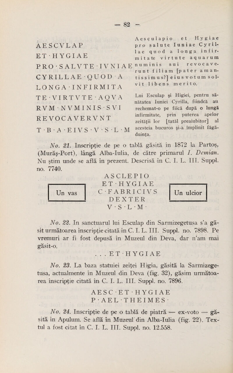 AESCVLAP ET•H Y GIA E PRO•SALVTE IVNIAE CYRILLAE • QUOD A LONGA- INFIRMITA TE - VIRTVTE AQVA RVM'NVMINIS-SVI REVOCAVERVNT T B • A • EIVS • V • S -L • M Aesculapio et Hygiae pro salute Iuniae Cyril- lae quod a longa i n fir- mi t a te virtute aquarum numinis sui revocave- runt filiam [pater a m an¬ ti s s i m u s?] eiusvotum sol¬ vit 1 i b e n s m e r i t o. Lui Esculap §i Higiei, pentru sa- natatea Iuniei Cyrilla, fiindca au rechemat-o pe fiica dupa o lunga infirmitate, prin puterea apelor zeitafii lor [tatal preaiubitor] al acesteia bucuros §i-a implinit faga- duirga. No. 21. Inscripfie de pe o tabla gasita in 1872 la Parto§, (Mura§-Port), langa Alba-Iulia, de catre primarul I. Demian. Nu §tim unde se af'la in prezent. Descrisa in C. I. L. III. Suppl. no. 7740. ASCLEPIO ET • HYGIAE Un vas C -FABRICIVS DEXTER Un ulcior V • S • L • M • No. 22. In sanctuarul lui Esculap din Sarmizegetusa s’a ga- sit urmatoarea inscrippie citata in C. I. L. III. Suppl. no. 7898. Pe vremuri ar fi fost depusa in Muzeul din Deva, dar n’am mai gasit-o. . . . ET- HYGIAE No. 23. La baza staituiei zeifei Hiigia, gasita la Sarmizege- tusa, actualmente in Muzeul din Deva (fiig. 32), gasim unnatoa- nea'inscripfie citata in C. I. L. III. Suppl. no. 7896. AESC • ET • HYGIAE P - AEL -THEIMES • No. 24. Inscriptie de pe o tabla de piatra — ex-voto — ga¬ sita in Apulum. Se afla in Muzeul'din Alba-Iulia. (fig. 22). Tex¬ tual a fost citat in C. I. L. III. Suppl. no. 12.558.