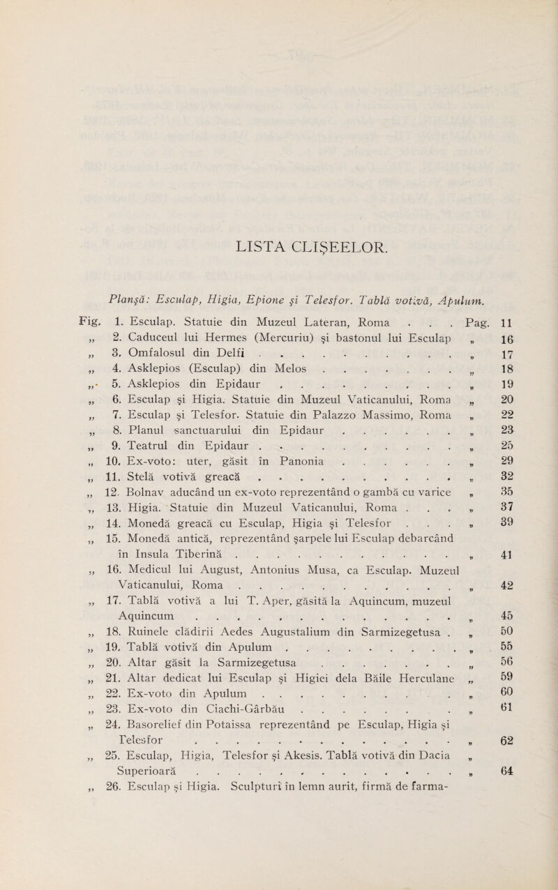 LISTA CLLSEELOR. Plansd: Esculap, Higia, Epione si Telesfor. Tabid votiva, Apulum. Fig. 1. Esculap. Statuie din Muzeul Lateran, Roma . . . Pag. 11 „ 2. Caduceul lui Hermes (Mercuriu) §i bastonul lui Esculap „ 16 „ 3. Omfalosul din Delfi ..„ 17 „ 4. Asklepios (Esculap) din Melos ....... w 18 „• 5. Asklepios din Epidaur ... 19 „ 6. Esculap §i Higia. Statuie din Muzeul Vaticanului, Roma „ 20 „ 7. Esculap §i Telesfor. Statuie din Palazzo Massimo, Roma „ 22 „ 8. Planul 'Sanctuarului din Epidaur ....... 23 „ 9. Teatrul din Epidaur . .. 25 „ 10. Ex-voto: uter, gasit in Panonia.„ 29 „ 11. Stela votiva greaca ... 32 ,, 12. Bolnav aducand un ex-voto reprezentand o gamba cu varice „ 35 „ 13. Higia. Statuie din Muzeul Vaticanului, Roma „ 37 „ 14. Moneda greaca cu Esculap, Higia §i Telesfor „ 39 „ 15. Moneda antica, reprezentand §arpele lui Esculap debarcand in Insula Tiberina.„ 41 „ 16. Medicul lui August, Antonius Musa, ca Esculap. Muzeul Vaticanului, Roma.. 42 „ 17. Tabla votiva a lui T. Aper, gasita la Aquincum, muzeul Aquincum.„ 45 „ 18. Ruinele cladirii Aedes Augustalium din Sarmizegetusa . „ 50 „ 19. Tabla votiva din Apulum. . „ 55 „ 20. Altar gasit la Sarmizegetusa. M 56 „ 21. Altar dedicat lui Esculap §i Higiei dela Bade Herculane „ 59 „ 22. Ex-voto din Apulum. „ 60 „ 23. Ex-voto din Ciachi-Garbau. „ 61 „ 24, Basorelief din Potaissa reprezentand pe Esculap, Higia §i Telesfor .... . „ 62 „ 25. Esculap, Higia, Telesfor §i Akesis. Tabla votiva din Dacia „ Superioara ..„ 64 ,, 26. Esculap §i Higia. Sculpturi in lemn aurit, firma de farma-