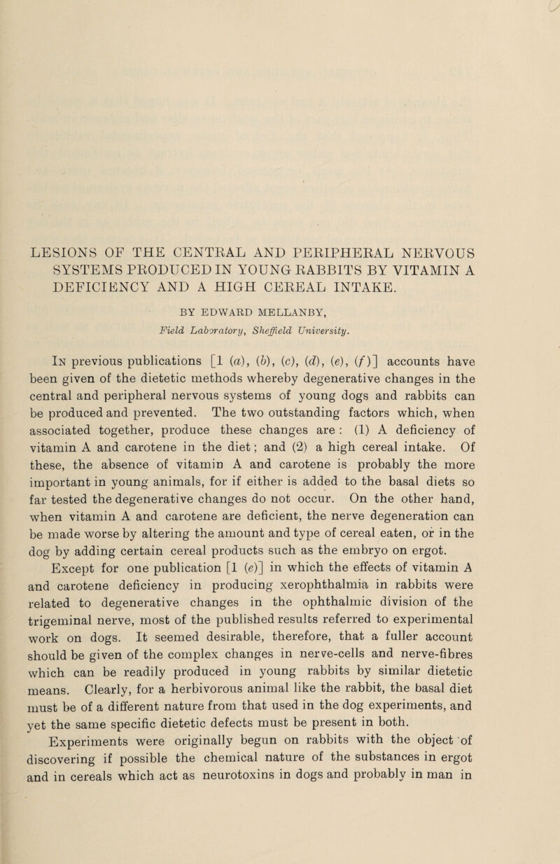 LESIONS OF THE CENTRAL AND PERIPHERAL NERVOUS SYSTEMS PRODUCED IN YOUNG RABBITS BY VITAMIN A DEFICIENCY AND A HIGH CEREAL INTAKE. BY EDWARD MELLANBY, Field Laboratory, Sheffield University. In previous publications [1 (a), (h), (c), (d), (e), (/)] accounts have been given of the dietetic methods whereby degenerative changes in the central and peripheral nervous systems of young dogs and rabbits can be produced and prevented. The two outstanding factors which, when associated together, produce these changes are : (1) A deficiency of vitamin A and carotene in the diet; and (2) a high cereal intake. Of these, the absence of vitamin A and carotene is probably the more important in young animals, for if either is added to the basal diets so far tested the degenerative changes do not occur. On the other hand, when vitamin A and carotene are deficient, the nerve degeneration can be made worse by altering the amount and type of cereal eaten, or in the dog by adding certain cereal products such as the embryo on ergot. Except for one publication [1 (e)] in which the effects of vitamin A and carotene deficiency in producing xerophthalmia in rabbits were related to degenerative changes in the ophthalmic division of the trigeminal nerve, most of the published results referred to experimental work on dogs. It seemed desirable, therefore, that a fuller account should be given of the complex changes in nerve-cells and nerve-fibres which can be readily produced in young rabbits by similar dietetic means. Clearly, for a herbivorous animal like the rabbit, the basal diet must be of a different nature from that used in the dog experiments, and yet the same specific dietetic defects must be present in both. Experiments were originally begun on rabbits with the object of discovering if possible the chemical nature of the substances in ergot and in cereals which act as neurotoxins in dogs and probably in man in