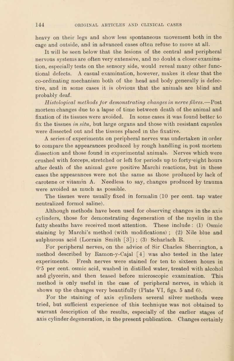 heavy on their legs and show less spontaneous movement both in the cage and outside, and in advanced cases often refuse to move at all. It will be seen below that the lesions of the central and peripheral nervous systems are often very extensive, and no doubt a closer examina¬ tion, especially tests on the sensory side, would reveal many other func¬ tional defects. A casual examination, however, makes it clear that the co-ordinating mechanism both of the head and body generally is defec¬ tive, and in some cases it is obvious that the animals are blind and probably deaf. Histological methods for demonstrating changes in nerve fibres.—Post mortem changes due to a lapse of time between death of the animal and fixation of its tissues were avoided. In some cases it was found better to fix the tissues in situ, but large organs and those with resistant capsules were dissected out and the tissues placed in the fixative. A series of experiments on peripheral nerves was undertaken in order to compare the appearances produced by rough handling in post mortem dissection and those found in experimental animals. Nerves which were crushed with forceps, stretched or left for periods up to forty-eight hours after death of the animal gave positive Marchi reactions, but in these cases the appearances were not the same as those produced by lack of carotene or vitamin A. Needless to say, changes produced by trauma were avoided as much as possible. The tissues were usually fixed in formalin (10 per cent, tap water neutralized formol saline). Although methods have been used for observing changes in the axis cylinders, those for demonstrating degeneration of the myelin in the fatty sheaths have received most attention. These include : (1) Osmic staining by Marchi’s method (with modifications) ; (2) Nile blue and sulphurous acid (Lorrain Smith [3]) ; (3) Scharlach R. For peripheral nerves, on the advice of Sir Charles Sherrington, a method described by Ramon-y-Cajal [4] was also tested in the later experiments. Fresh nerves were stained for ten to sixteen hours in 0’5 per cent, osmic acid, washed in distilled water, treated with alcohol and glycerin, and then teased before microscopic examination. This method is only useful in the case of peripheral nerves, in which it shows up the changes very beautifully (Plate VI, figs. 5 and 6). For the staining of axis cylinders several silver methods were tried, but sufficient experience of this technique was not obtained to warrant description of the results, especially of the earlier stages of axis cylinder degeneration, in the present publication. Changes certainly