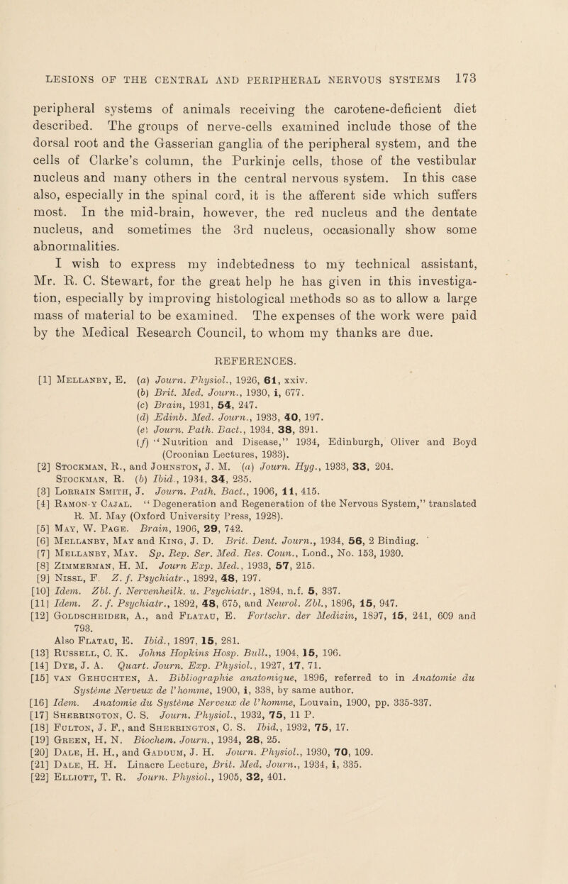 LESIONS OF THE CENTRAL AND PERIPHERAL NERVOUS SYSTEMS 173 peripheral systems of animals receiving the carotene-deficient diet described. The groups of nerve-cells examined include those of the dorsal root and the Gasserian ganglia of the peripheral system, and the cells of Clarke’s column, the Purkinje cells, those of the vestibular nucleus and many others in the central nervous system. In this case also, especially in the spinal cord, it is the afferent side which suffers most. In the mid-brain, however, the red nucleus and the dentate nucleus, and sometimes the 3rd nucleus, occasionally show some abnormalities. I wish to express my indebtedness to my technical assistant, Mr. R. C. Stewart, for the great help he has given in this investiga¬ tion, especially by improving histological methods so as to allow a large mass of material to be examined. The expenses of the work were paid by the Medical Research Council, to whom my thanks are due. REFERENCES. [1] Mellanby, E. (a) Journ. Physiol., 1926, 61, xxiv. (b) Brit. Med. Journ., 1930, i, 677. (c) Brain, 1931, 54, 247. (cl) Edinb. Med. Journ., 1933, 40, 197. (e) Journ. Path. Pact., 1934, 38, 391. (/) “Nutrition and Disease,” 1934, Edinburgh, Oliver and Boyd (Croonian Lectures, 1933). [2] Stockman, R., and Johnston, J. M. (a) Journ. Hyg., 1933, 33, 204. Stockman, R. (6) Ibid., 1934, 34, 235. [3] Lorrain Smith, J. Journ. Path. Bad., 1906, 11, 415. [4] Ramon-y Cajar. “ Degeneration and Regeneration of the Nervous System,” translated R. M. May (Oxford University Press, 1928). [5] May, W. Page. Brain, 1906, 29, 742. [6] Mellanby, May and King, J. D. Brit. Dent. Journ., 1934, 56, 2 Binding. [7] Mellanby, May. Sp. Pep. Ser. Med. Res. Coun., Lond., No. 153, 1930. [8] Zimmerman, H. M. Journ Exp. Med., 1933, 57, 215. [9j Nissl, F. Z. f. Psychiatr., 1892, 48, 197. [10] Idem. Zbl. f. Nervenheilk. u. Psychiatr., 1894, n.f. 5, 337. [111 Idem. Z.f. Psychiatr., 1892, 48, 675, and Neurol. Zbl., 1896, 15, 947. [12] Goldscheider, A., and Flatau, E. Fortschr. der Medizin, 1897, 15, 241, 609 and 793. Also Flatau, E. Ibid., 1897, 15, 281. [13] Russell, C. K. Johns Hopkins Hosp. Bull., 1904, 15, 196. [14] Dye, J. A. Quart. Journ. Exp. Physiol., 1927, 17, 71. [15] van Gehuchten, A. Bibliographie anatomique, 1896, referred to in Anatomie clu Systeme Nerveux de Vhomme, 1900, i, 338, by same author. [16] Idem. Anatomie clu Systdne Nerveux de Vhomme, Louvain, 1900, pp. 335-337. [17] Sherrington, C. S. Journ. Physiol., 1932, 75, 11 P. [18] Fulton, J. F., and Sherrington, C. S. Ibid., 1932, 75, 17. [19] Green, H. N. Biochem. Journ., 1934, 28, 25. [20] Dale, H. H., and Gaddum, J. H. Journ. Physiol., 1930, 70, 109. [21] Dale, H. H. Linacre Lecture, Brit. Med. Journ., 1934, i, 335. [22] Elliott, T. R. Journ. Physiol., 1905, 32, 401.