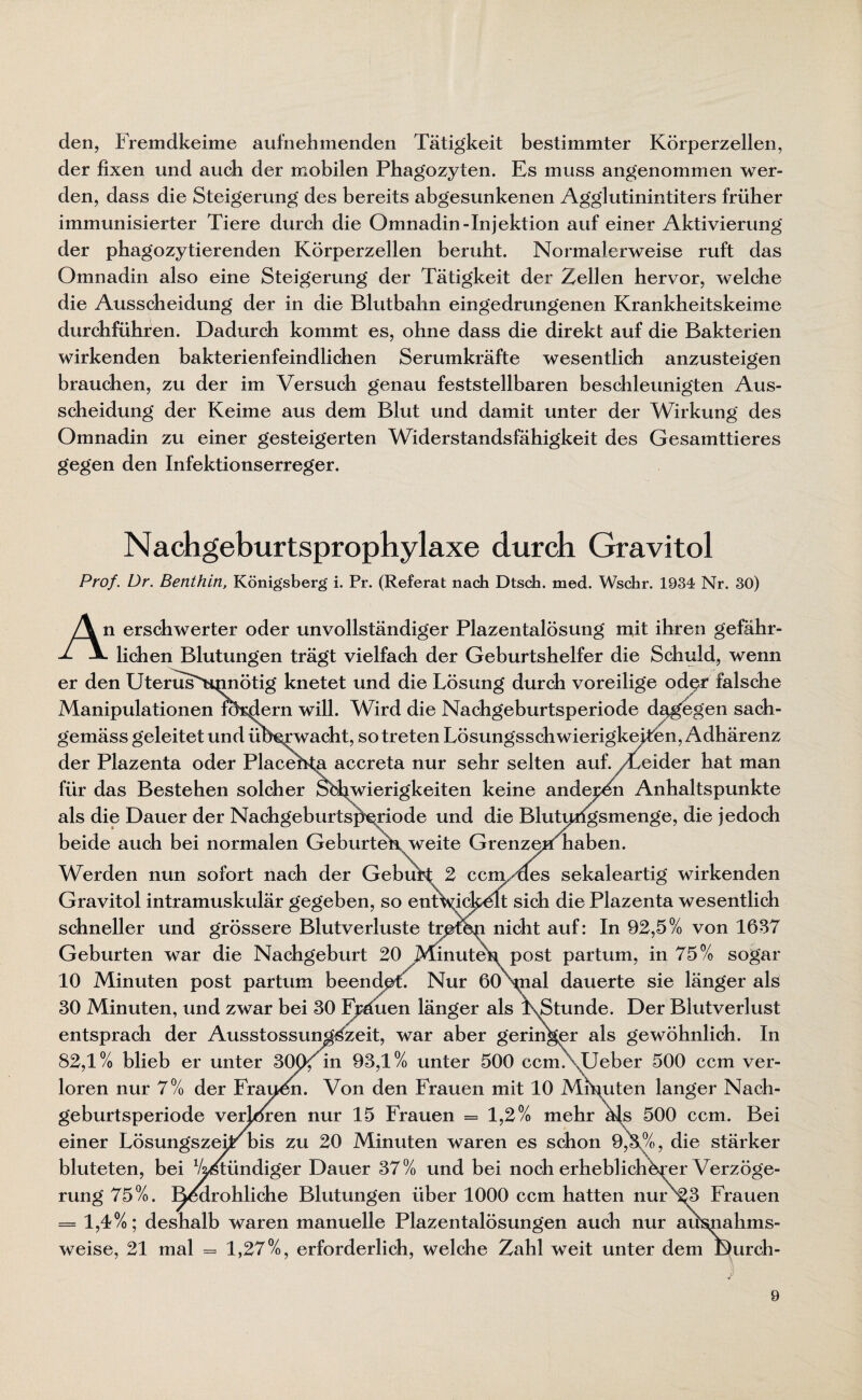 den, Fremdkeime aufnehmenden Tätigkeit bestimmter Körperzellen, der fixen und auch der mobilen Phagozyten. Es muss angenommen wer¬ den, dass die Steigerung des bereits abgesunkenen Agglutinintiters früher immunisierter Tiere durch die Omnadin-Injektion auf einer Aktivierung der phagozytierenden Körperzellen beruht. Normalerweise ruft das Omnadin also eine Steigerung der Tätigkeit der Zellen hervor, welche die Ausscheidung der in die Blutbahn eingedrungenen Krankheitskeime durchführen. Dadurch kommt es, ohne dass die direkt auf die Bakterien wirkenden bakterienfeindlichen Serumkräfte wesentlich anzusteigen brauchen, zu der im Versuch genau feststellbaren beschleunigten Aus¬ scheidung der Keime aus dem Blut und damit unter der Wirkung des Omnadin zu einer gesteigerten Widerstandsfähigkeit des Gesamttieres gegen den Infektionserreger. Nachgeburtsprophylaxe durch Gravi toi Prof. Dr. Benthlti, Königsberg i. Pr. (Referat nach Dtsch. med. Wschr. 1934 Nr. 30) An erschwerter oder unvollständiger Plazentalösung mit ihren gefähr- - liehen Blutungen trägt vielfach der Geburtshelfer die Schuld, wenn er den Uterus^innötig knetet und die Lösung durch voreilige oder falsche Manipulationen Kadern will. Wird die Nachgeburtsperiode dagegen sach- gemäss geleitet und überwacht, so treten LösungsschwierigkeiLen, Adhärenz der Plazenta oder Placefrta accreta nur sehr selten auf./beider hat man für das Bestehen solcher Schwierigkeiten keine andern Anhaltspunkte als die Dauer der Nachgeburtsjferiode und die Bhitiyrigsmenge, die jedoch beide auch bei normalen Geburteia,^weite Grenze^ haben. Werden nun sofort nach der Gebubt 2 ccm/ues sekaleartig wirkenden Gravitol intramuskulär gegeben, so entt^icbölt sich die Plazenta wesentlich schneller und grössere Blutverluste tmf<b|i nicht auf: In 92,5% von 1637 Geburten war die Nachgeburt 20 Minute^ post partum, in 75% sogar 10 Minuten post partum beendet^ Nur 60\nal dauerte sie länger als 30 Minuten, und zwar bei 30 Fräuen länger als PNStunde. Der Blutverlust entsprach der AusstossungSzeit, war aber geringer als gewöhnlich. In 82,1% blieb er unter 30(>bin 93,1% unter 500 ccm\Ueber 500 ccm ver¬ loren nur 7% der Frauen. Von den Frauen mit 10 Minuten langer Nach- geburtsperiode verlören nur 15 Frauen = 1,2% mehr äjs 500 ccm. Bei einer Lösungszeipbis zu 20 Minuten waren es schon 9,X%, die stärker bluteten, bei 1Aötündiger Dauer 37% und bei noch erheblicherer Verzöge¬ rung 75%. Bedrohliche Blutungen über 1000 ccm hatten nur 23 Frauen = 1,4%; deshalb waren manuelle Plazentalösungen auch nur aiWiahms- weise, 21 mal = 1,27%, erforderlich, welche Zahl weit unter dem Durch- 9