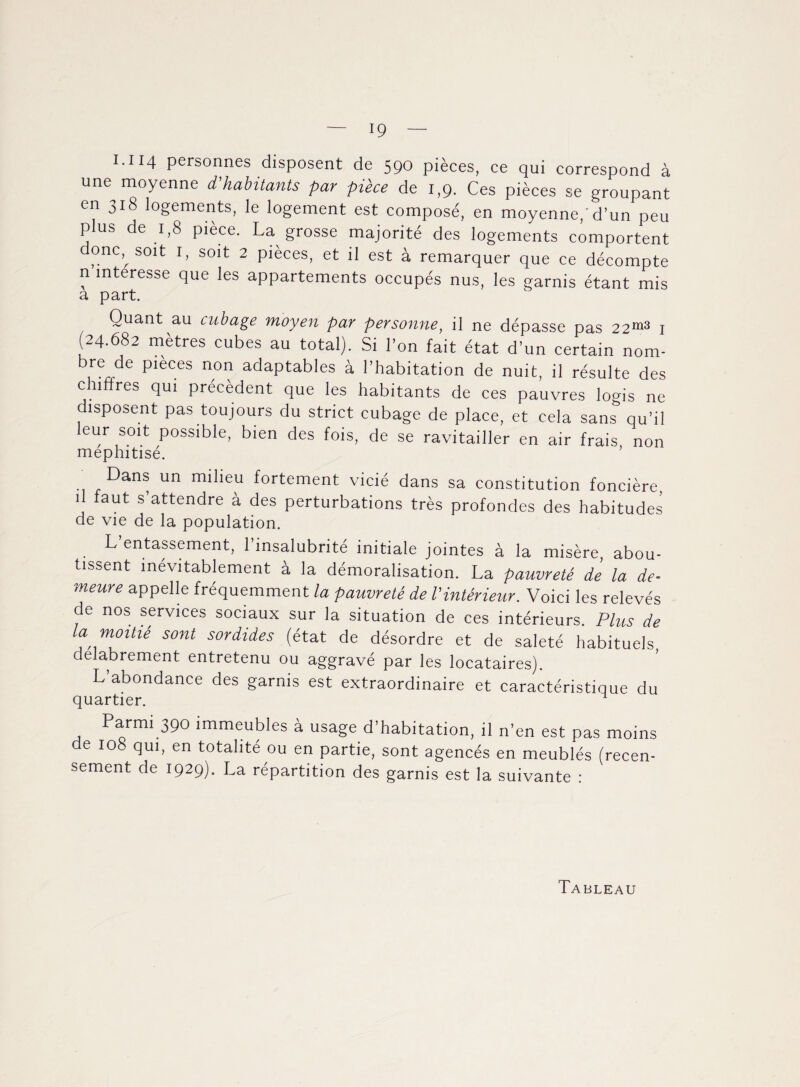 I.II4 personnes disposent de 590 pièces, ce qui correspond à une moyenne d habitants par pièce de 1,9. Ces pièces se groupant en 318 logements, le logement est composé, en moyenne,'d’un peu plus de 1,8 pièce. La grosse majorité des logements comportent donc, soit I, soit 2 pièces, et il est à remarquer que ce décompte n intéresse que les appartements occupés nus, les garnis étant mis a part. Quant au cubage moyen par personne, il ne dépasse pas 22™ 1 (24.682 mètres cubes au total). Si l’on fait état d’un certain nom- bre de pièces non adaptables à l’habitation de nuit, il résulte des chiffres qui précèdent que les habitants de ces pauvres logis ne disposent pas toujours du strict cubage de place, et cela sans qu’il leur soit possible, bien des fois, de se ravitailler en air frais non mephitisé. Dans un milieu fortement vicié dans sa constitution foncière, 1 faut s attendre à des perturbations très profondes des habitudes de vie de la population. L entassement, l’insalubrité initiale jointes à la misère, abou¬ tissent inévitablement à la démoralisation. La pauvreté de la de¬ meure appelle fréquemment la pauvreté de Vintérieur. Voici les relevés de nos services sociaux sur la situation de ces intérieurs. Plus de la moitié sont sordides (état de désordre et de saleté habituels délabrement entretenu ou aggravé par les locataires). L abondance des garnis est extraordinaire et caractéristique du quartier. Parmi 390 immeubles à usage d’habitation, il n’en est pas moins de 108 qui, en totalité ou en partie, sont agencés en meublés (recen¬ sement de 1929). La répartition des garnis est la suivante :