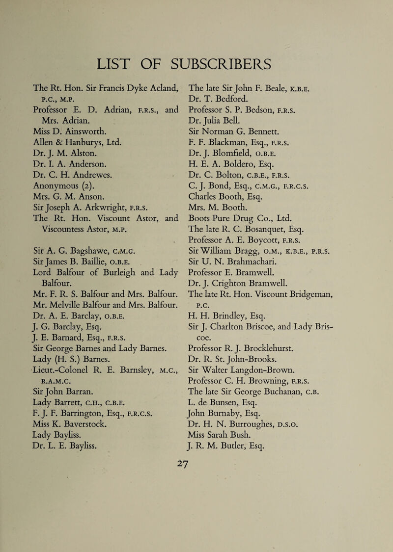 LIST OF SUBSCRIBERS The Rt. Hon. Sir Francis Dyke Acland, P.C., M.P. Professor E. D. Adrian, f.r.s., and Mrs. Adrian. Miss D. Ainsworth. Allen & Hanburys, Ltd. Dr. J. M. Alston. Dr. I. A. Anderson. Dr. C. H. Andrewes. Anonymous (2). Mrs. G. M. Anson. Sir Joseph A. Arkwright, f.r.s. The Rt. Hon. Viscount Astor, and Viscountess Astor, m.p. * Sir A. G. Bagshawe, c.m.g. Sir James B. Baillie, o.b.e. Lord Balfour of Burleigh and Lady Balfour. Mr. F. R. S. Balfour and Mrs. Balfour. Mr. Melville Balfour and Mrs. Balfour. Dr. A. E. Barclay, o.b.e. J. G. Barclay, Esq. J. E. Barnard, Esq., f.r.s. Sir George Barnes and Lady Barnes. Lady (H. S.) Barnes. Lieut.-Colonel R. E. Barnsley, m.c., R.A.M.C. Sir John Barran. Lady Barrett, C.H., c.b.e. F. J. F. Barrington, Esq., f.r.c.s. Miss K. Baverstock. Lady Bayliss. Dr. L. E. Bayliss. The late Sir John F. Beale, k.b.e. Dr. T. Bedford. Professor S. P. Bedson, f.r.s. Dr. Julia Bell. Sir Norman G. Bennett. F. F. Blackman, Esq., f.r.s. Dr. J. Blomfield, o.b.e. H. E. A. Boldero, Esq. Dr. C. Bolton, c.b.e., f.r.s. C. J. Bond, Esq., c.m.g., f.r.c.s. Charles Booth, Esq. Mrs. M. Booth. Boots Pure Drug Co., Ltd. The late R. C. Bosanquet, Esq. Professor A. E. Boycott, f.r.s. Sir William Bragg, o.m., k.b.e., p.r.s. Sir U. N. Brahmachari. Professor E. Bramwell. Dr. J. Crighton Bramwell. The late Rt. Hon. Viscount Bridgeman, p.c. H. H. Brindley, Esq. Sir J. Charlton Briscoe, and Lady Bris¬ coe. Professor R. J. Brocklehurst. Dr. R. St. John-Brooks. Sir Walter Langdon-Brown. Professor C. H. Browning, f.r.s. The late Sir George Buchanan, c.b. L. de Bunsen, Esq. John Burnaby, Esq. Dr. H. N. Burroughes, d.s.o. Miss Sarah Bush. J. R. M. Butler, Esq.