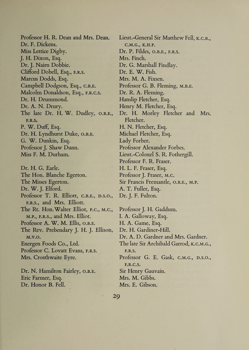 Professor H. R. Dean and Mrs. Dean. Dr. F. Dickens. Miss Lettice Digby. J. H. Dixon, Esq. Dr. J. Nairn Dobbie. Clifford Dobell, Esq., f.r.s. Marcus Dodds, Esq. Campbell Dodgson, Esq., c.b.e. Malcolm Donaldson, Esq., f.r.c.s. Dr. H. Drummond. Dr. A. N. Drury. The late Dr. H. W. Dudley, o.b.e., F.R.Si P. W. Duff, Esq. Dr. H. Lyndhurst Duke, o.b.e. G. W. Dunkin, Esq. Professor J. Shaw Dunn. Miss F. M. Durham. Dr. H. G. Earle. The Hon. Blanche Egerton. The Misses Egerton. Dr. W. J. Elford. Professor T. R. Elliott, c.b.e., d.s.o., f.r.s., and Mrs. Elliott. The Rt. Hon.Walter Elliot, p.c., m.c., m.p., f.r.s., and Mrs. Elliot. Professor A. W. M. Ellis, o.b.e. The Rev. Prebendary J. H. J. Ellison, - M.V.O. Energen Foods Co., Ltd. Professor C. Lovatt Evans, f.r.s. Mrs. Crosthwaite Eyre. Dr. N. Hamilton Fairley, o.b.e. Eric Farmer, Esq. Dr. Honor B. Fell. Lieut.-General Sir Matthew Fell, k.c.b., C.M.G., K.H.P. Dr. P. Fildes, o.b.e., f.r.s. Mrs. Finch. / Dr. G. Marshall Findlay. Dr. E. W. Fish. Mrs. M. A. Fixsen. Professor G. B. Fleming, m.b.e. Dr. R. A. Fleming. Hanslip Fletcher, Esq. Henry M. Fletcher, Esq. Dr. H. Morley Fletcher and Mrs. Fletcher. H. N. Fletcher, Esq. Michael Fletcher, Esq. Lady Forber. Professor Alexander Forbes. Lieut.-Colonel S. R. Fothergill. Professor F. R. Fraser. H. L. F. Fraser, Esq. Professor J. Fraser, m.c. Sir Francis Fremantle, o.b.e., m.p. A. T. Fuller, Esq. Dr. J. F. Fulton. Professor J. H. Gaddum. I. A. Galloway, Esq. H. A. Game, Esq. Dr. H. Gardiner-Hill. Dr. A. D. Gardner and Mrs. Gardner. The late Sir Archibald Garrod, k.c.m.g., f.r.s. Professor G. E. Gask, c.m.g., d.s.o., f.r.c.s. Sir Henry Gauvain. Mrs. M. Gibbs. Mrs. E. Gibson.